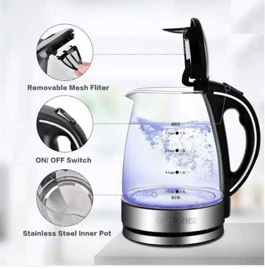 QUEENSENSE 1.7L Blue LED Light Electric Hot Water Glass Kettles – Pakhofh