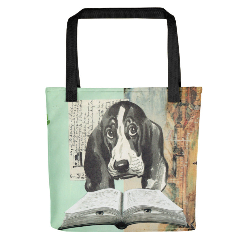 The Reading Hound Tote Bag - Flanzella - full bleed tote bag with basset hound on it