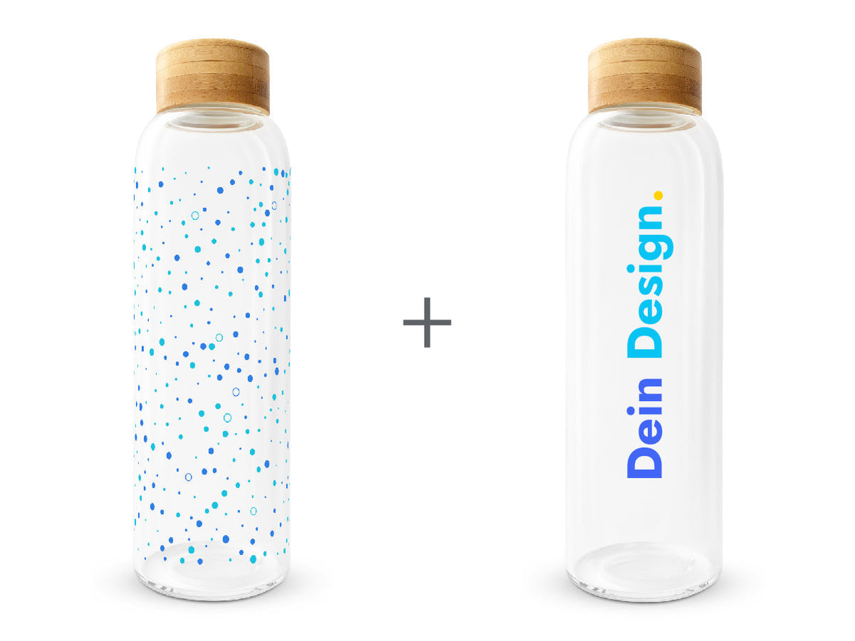 Flasche mit blauen Punkten und Flasche mit -Dein Design- Text