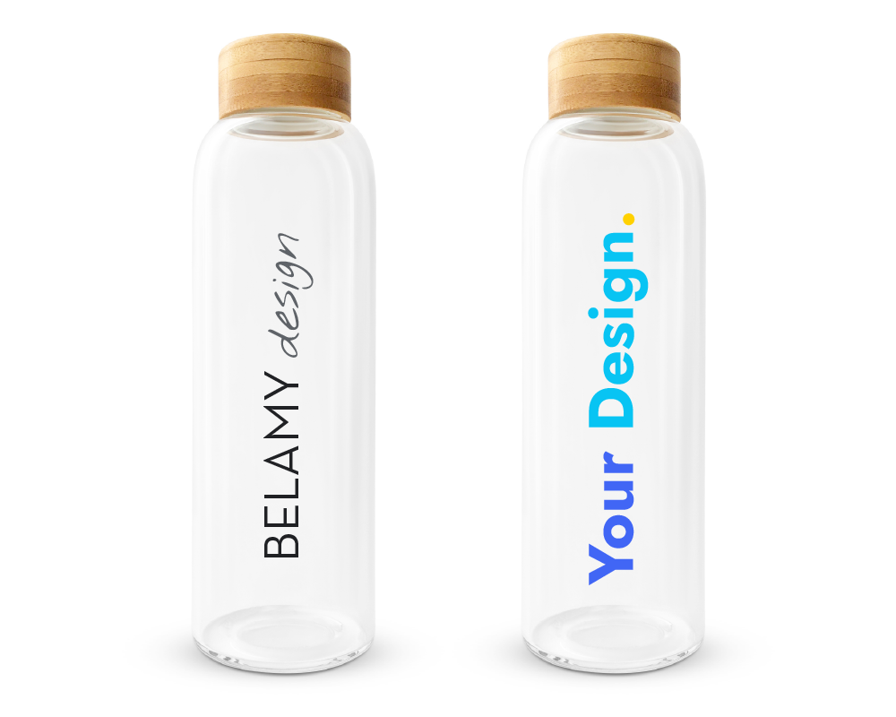 Zwei BELAMY Flaschen mit Text -BELAMY Design- und Text -Dein Design-