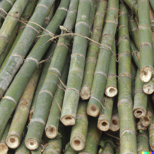 Geerntete Bambushalme werden zum Trocknen gestapelt