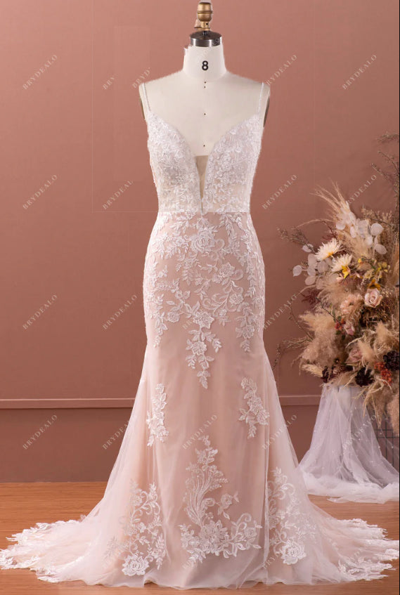 Champagne Strapless Mermaid Designer Lace Tulle Overskirt Wedding Gown