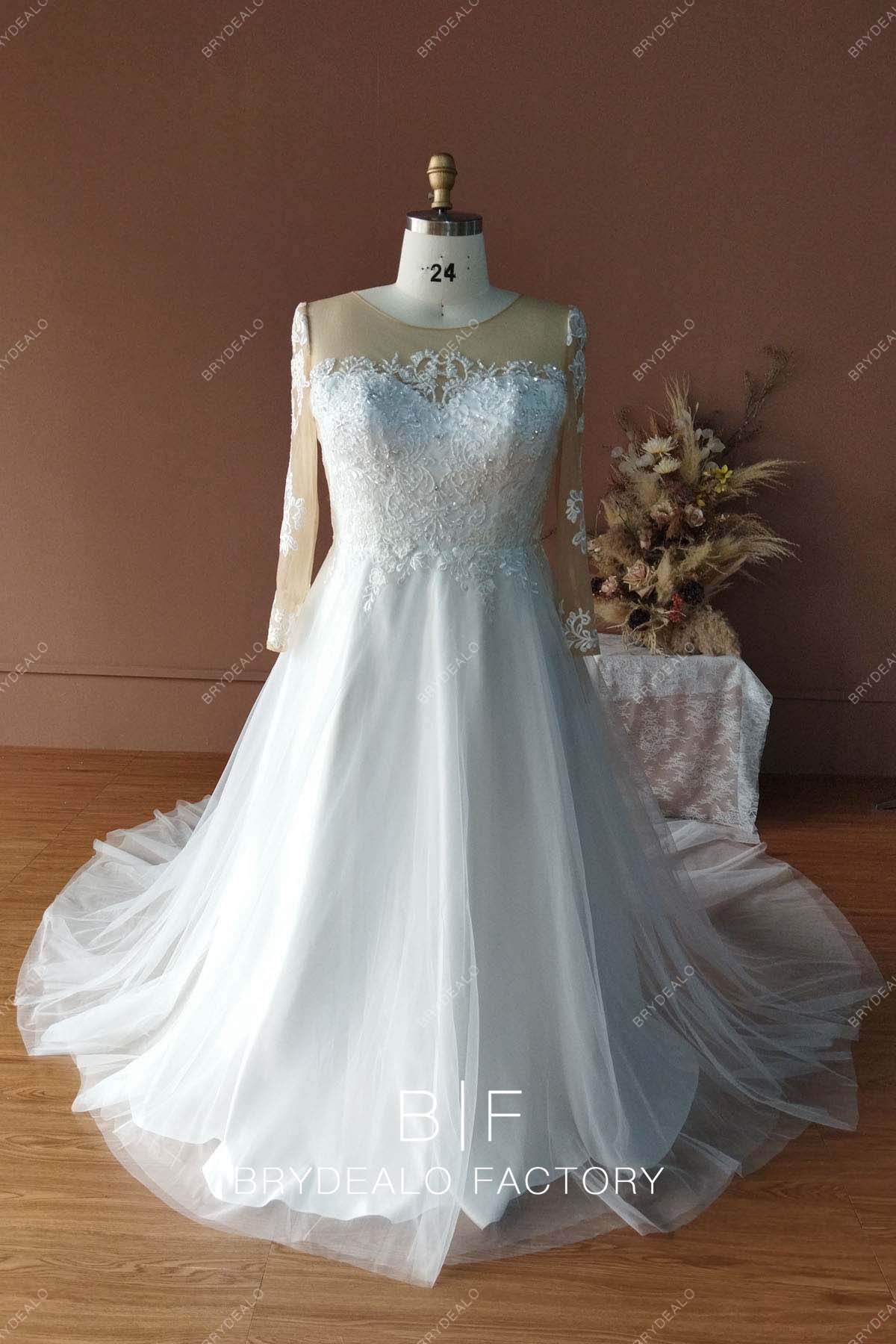 Designer Boho Sleeved Lace Oyster Wedding Dress with Nude Slip