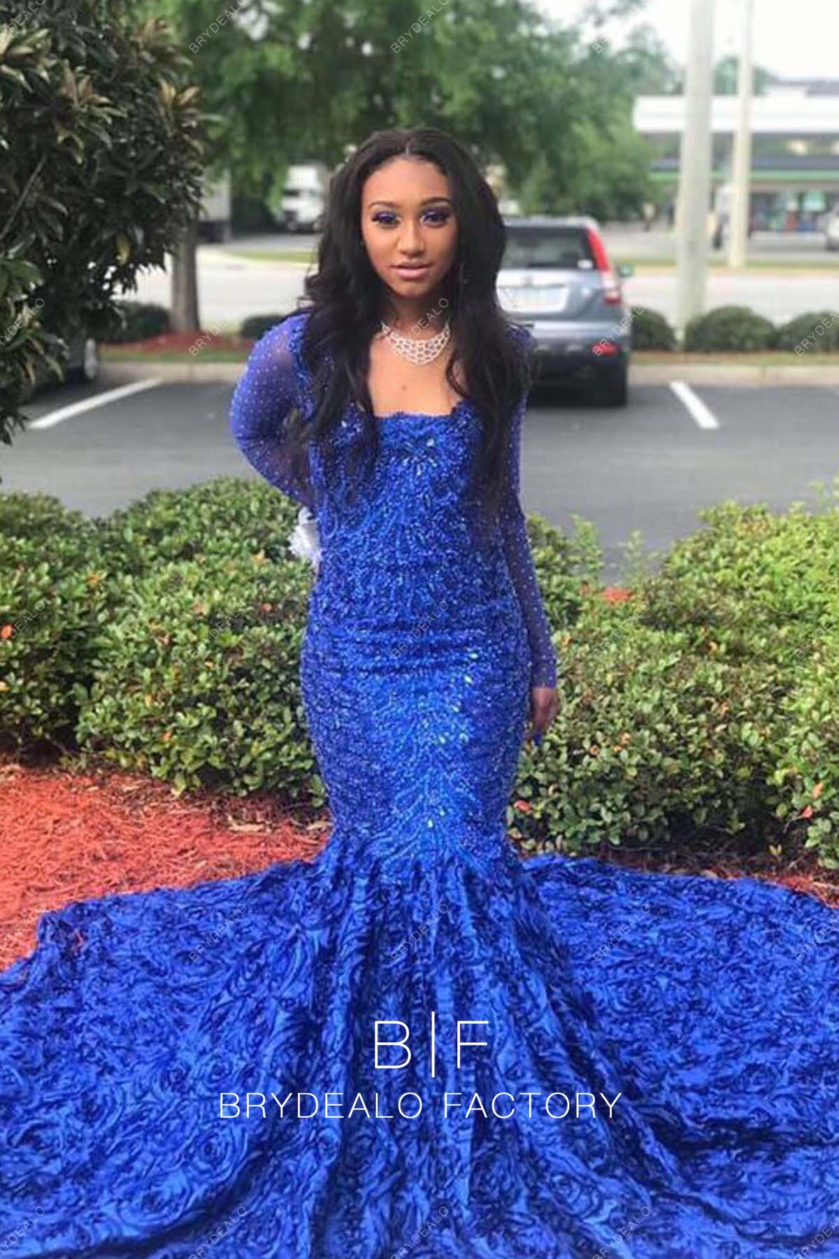 Royal Blue Sequin & 3D Rose Mermaid Prom Dress - Xdressy