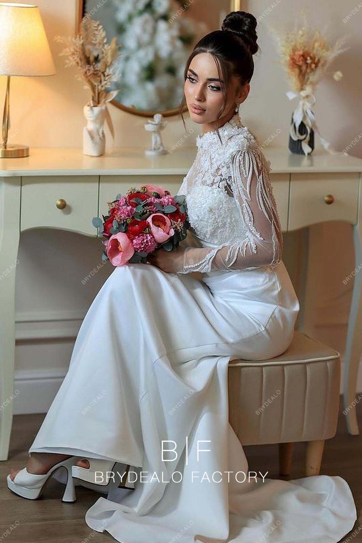 Luxury Rhinestones Pearls Long Sleeve Mermaid Wedding Gown Overskirt