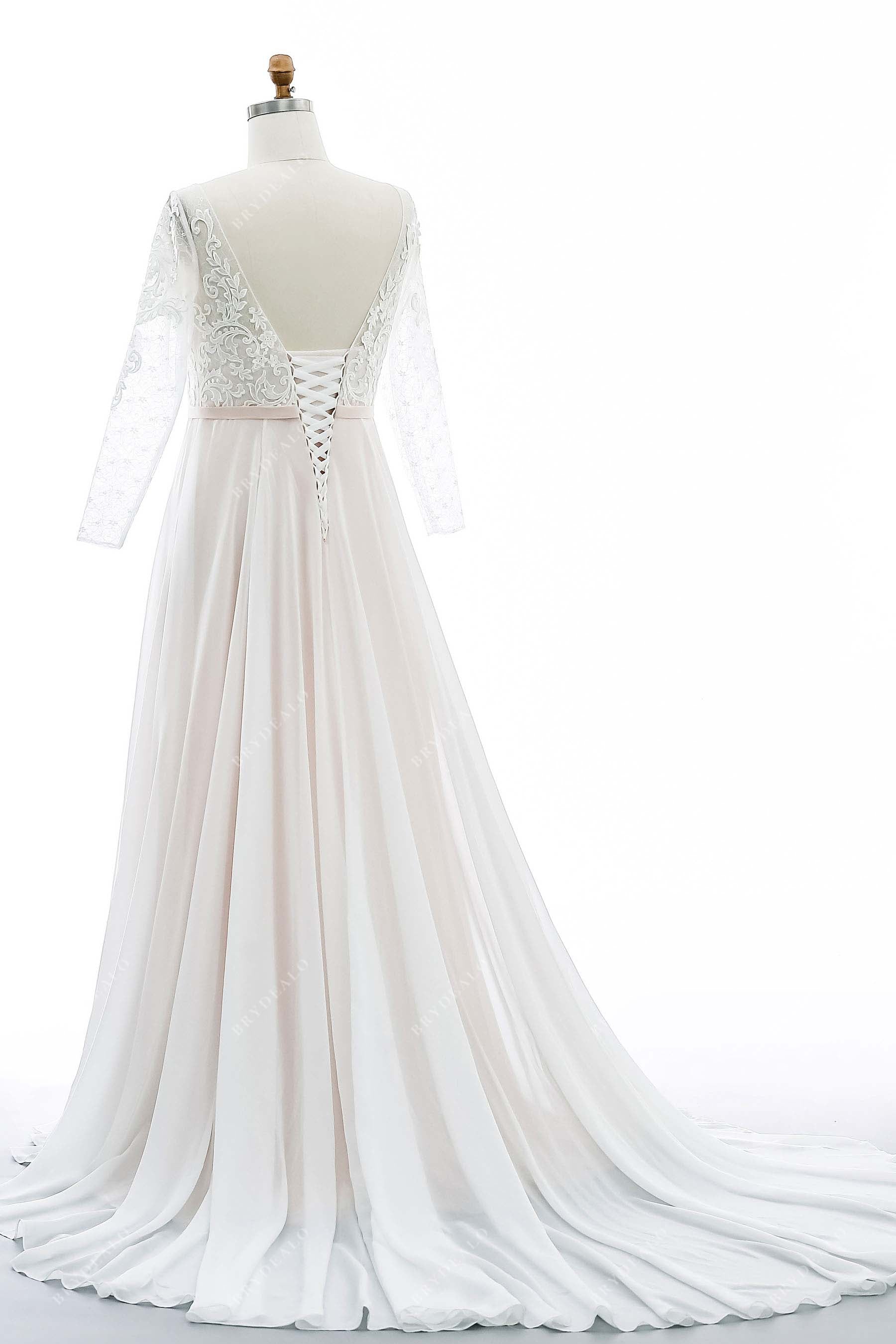 Designer Boho Sleeved Lace Oyster Wedding Dress with Nude Slip