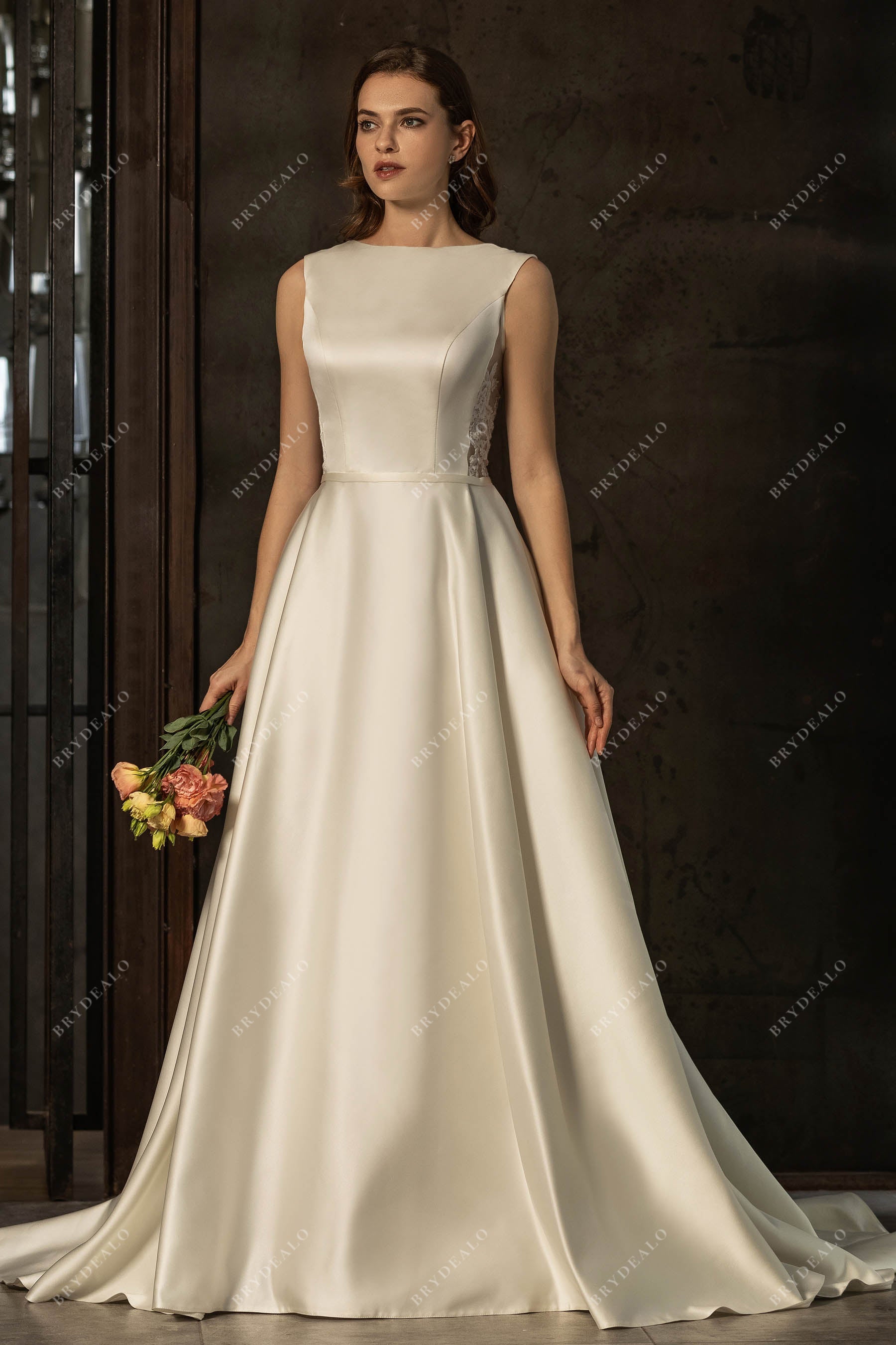 Barbara Palvin Satin Sleeveless Ankle Length Wedding Reception Dress