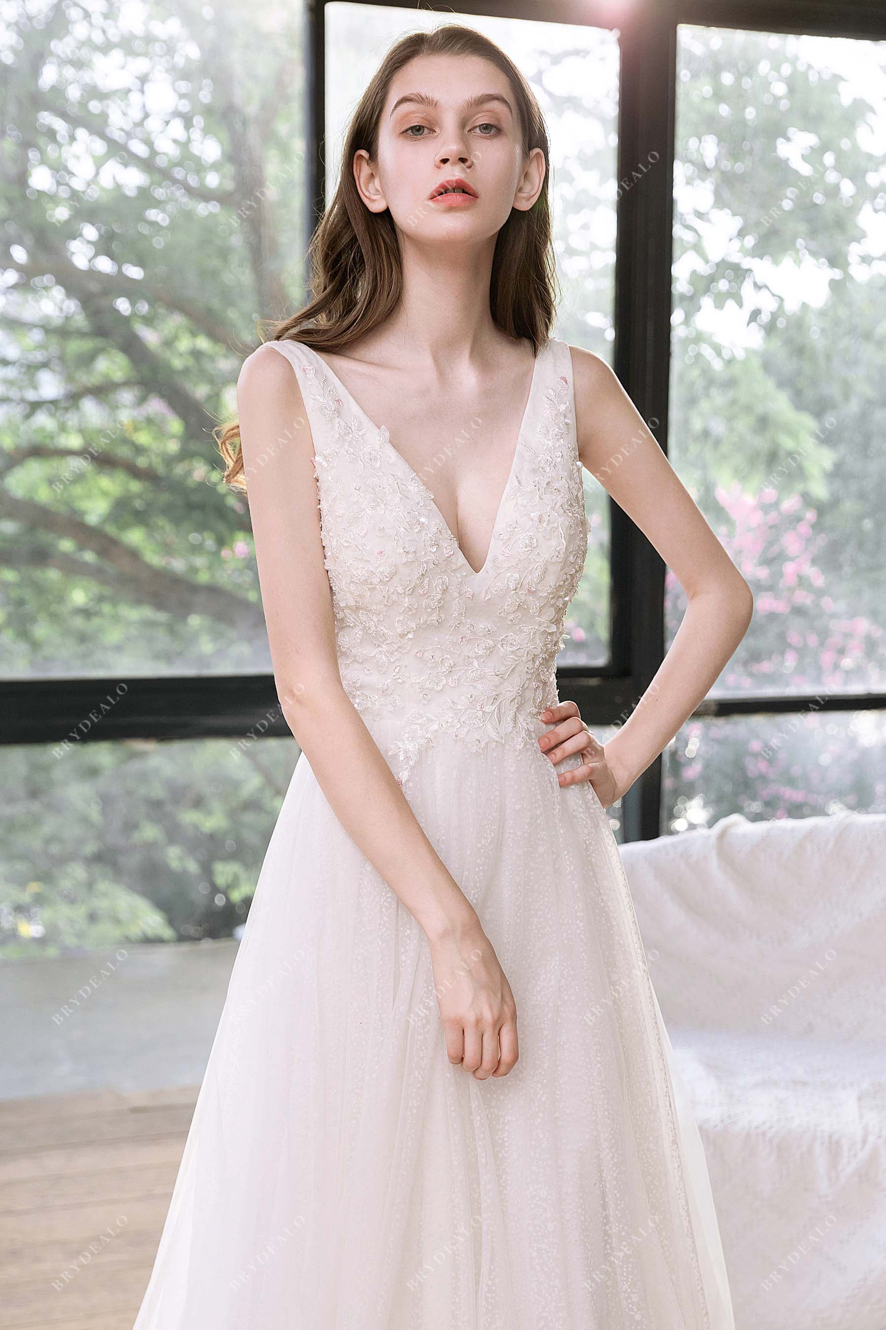 Ivory Lace and Satin Plunging V-neck Wedding Dress - Promfy