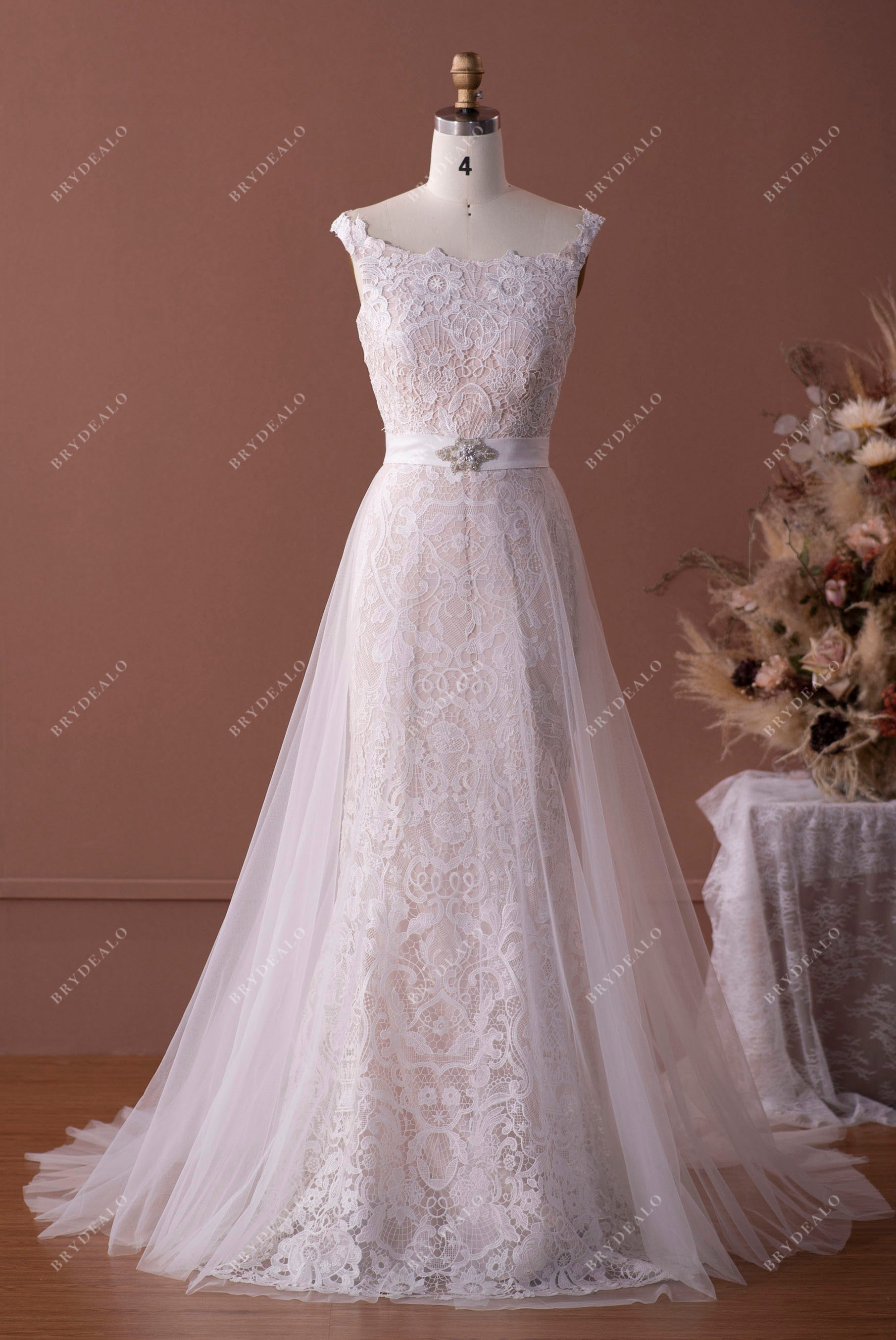 2 in 1 Corset Lace Strapless Long Designer Overskirt Bridal Dress