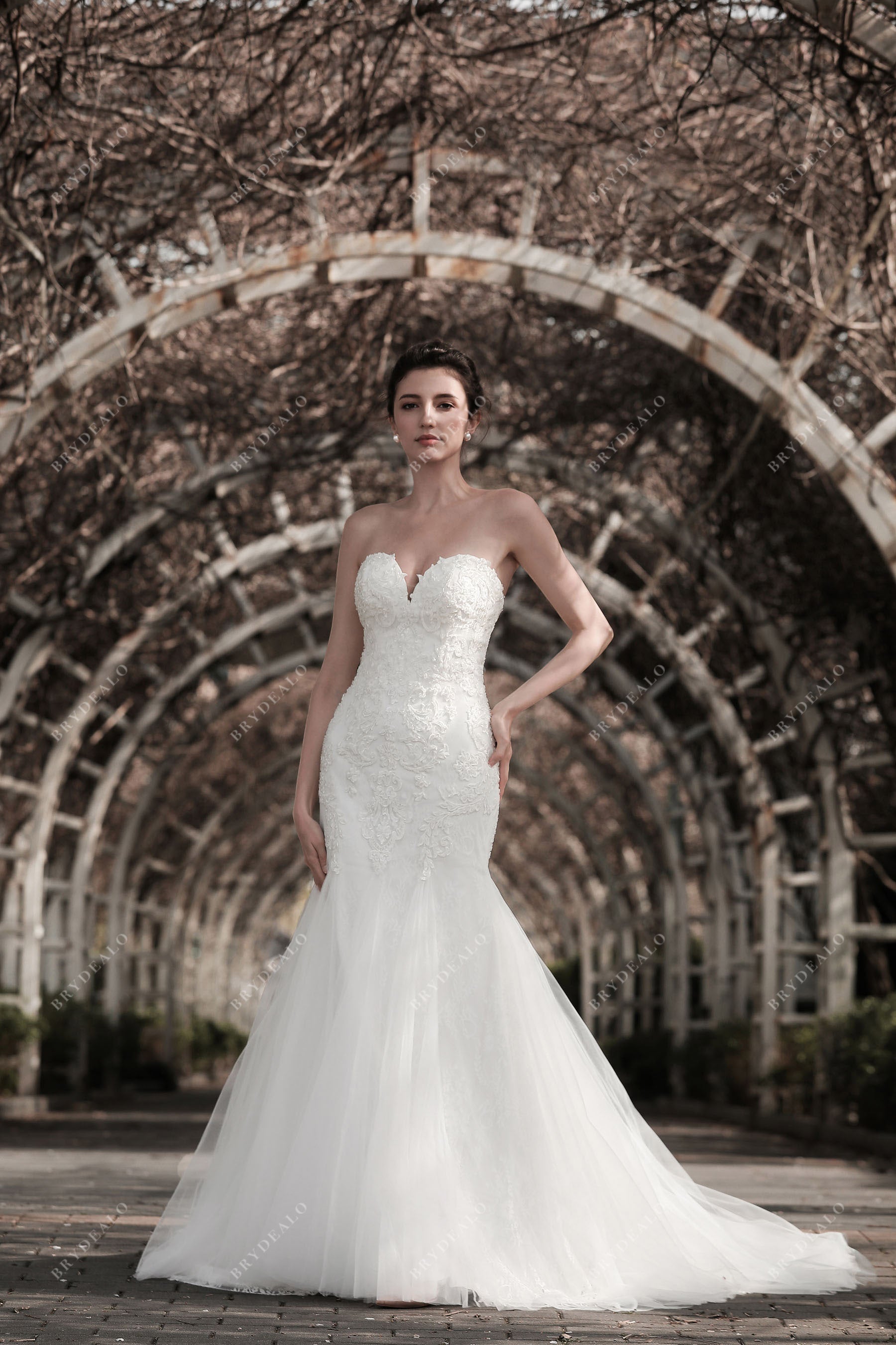 Lace Strapless Sweetheart Wedding Dress with Satin Overskirt