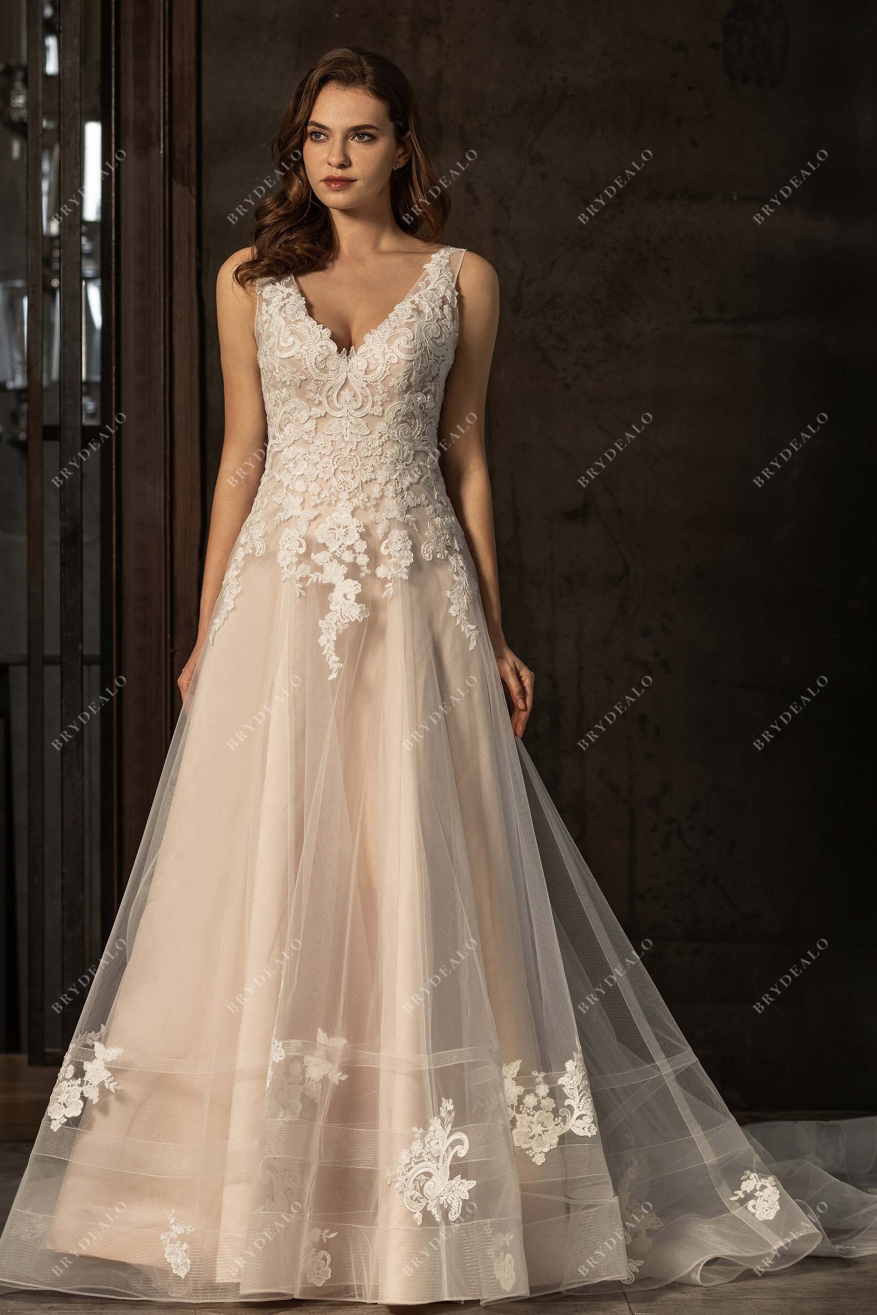 Beaded Straps V-neck Lace Elegant Champagne A-line Wedding Dress