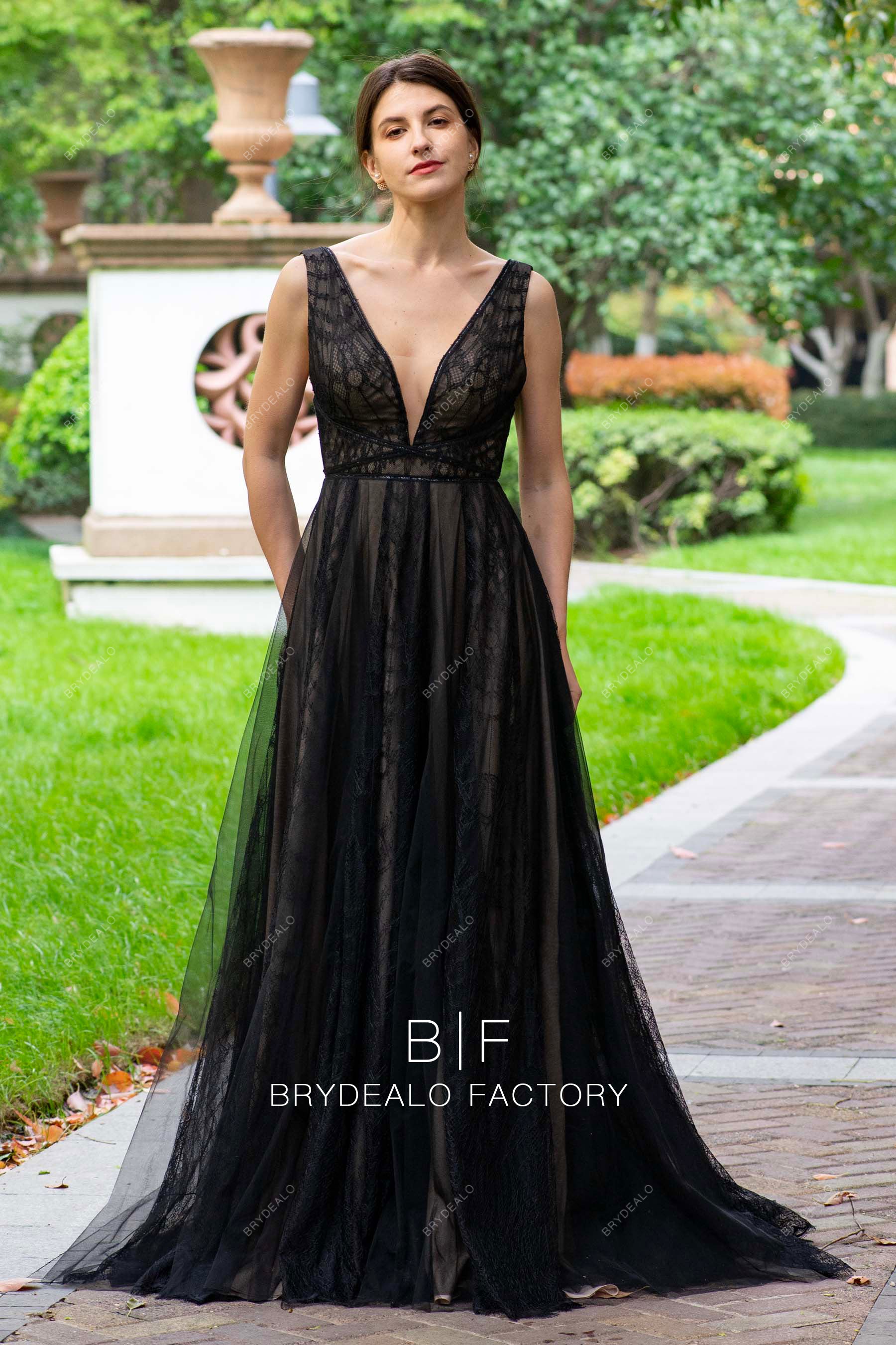 Black Tulle Halter Plunging Neckline Prom Ball Gown - Promfy