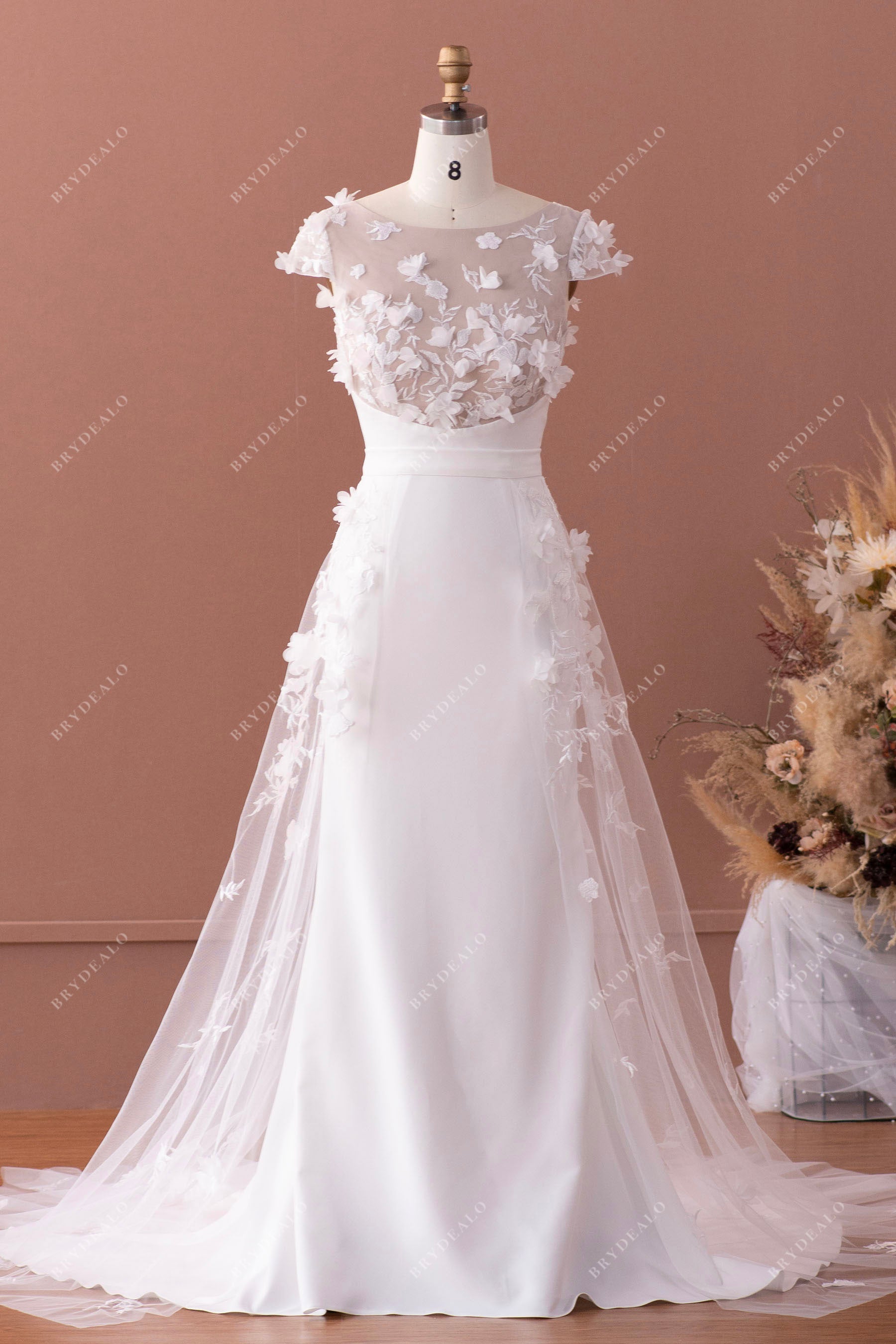 2-in-1 Beaded Floral Lace Mermaid Modern Overskirt Wedding Dress