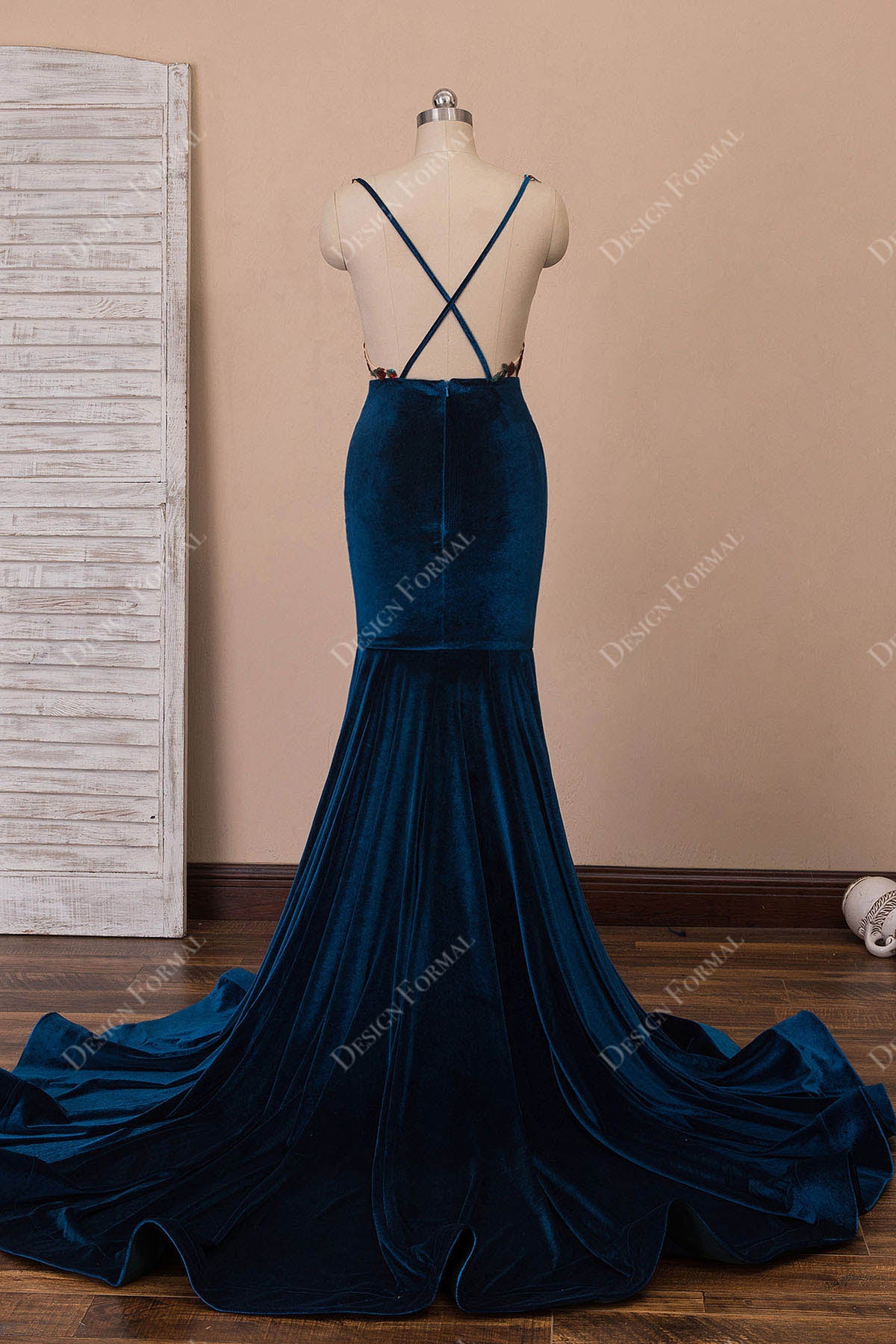 Royal Blue Velvet Sexy High Slit Plunging Rhinestone Cutout Prom Dress