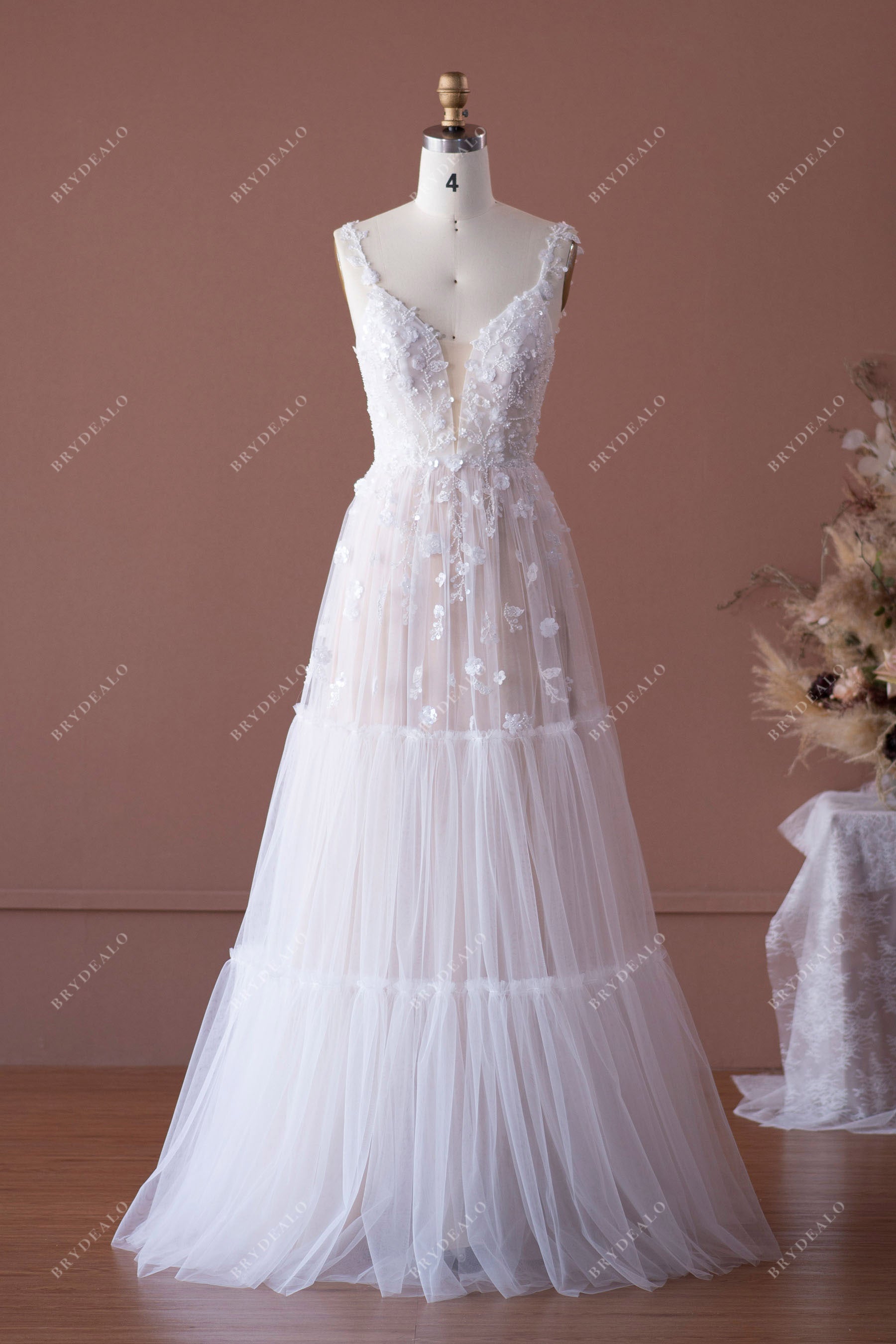 Designer Boho Sleeved Lace Oyster Wedding Dress with Nude Slip