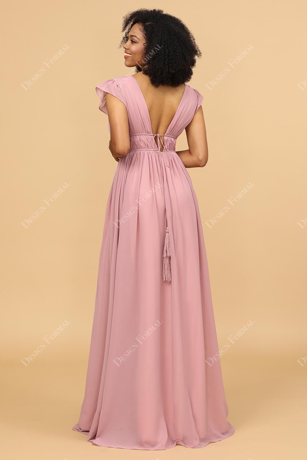 Peach Fairy Ruffled Sleeve Chiffon Plunging Formal Dress