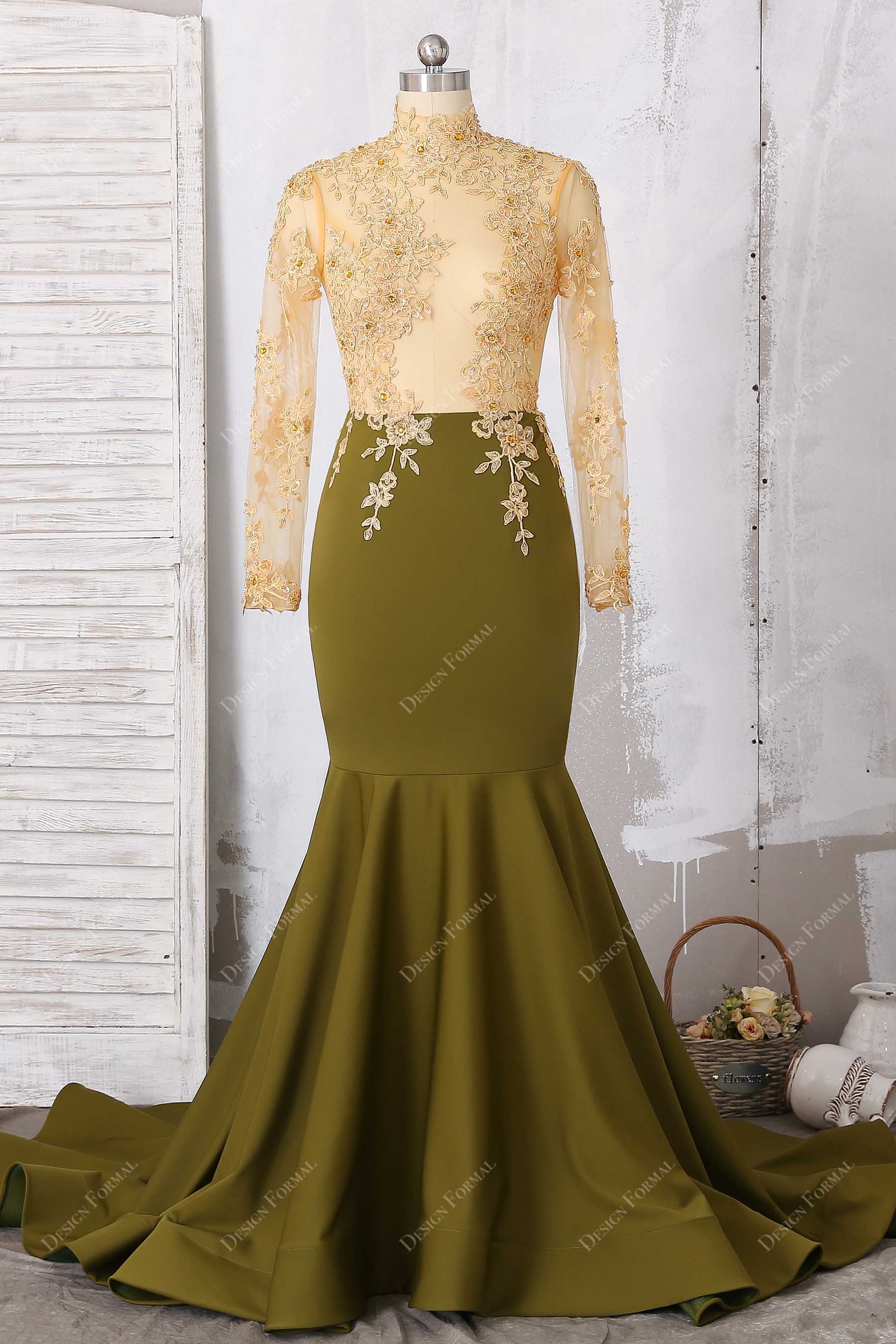 Long Sleeve Emerald Green Lace Mermaid Formal Gown - Xdressy