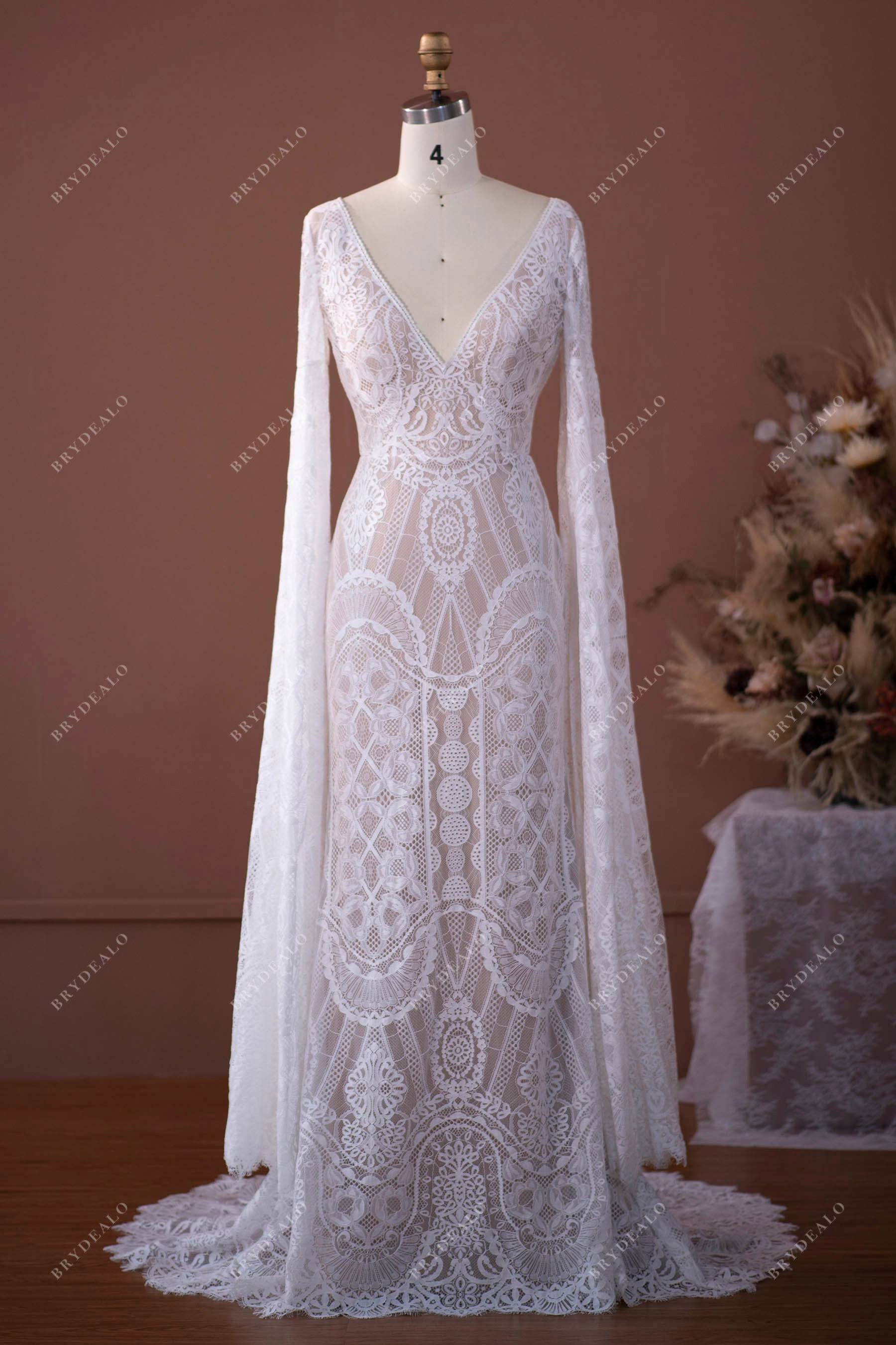 F221066 Elegant Long Sleeve Fit and Flare Gown with Plunging Neckline and  Sexy Sheer Back