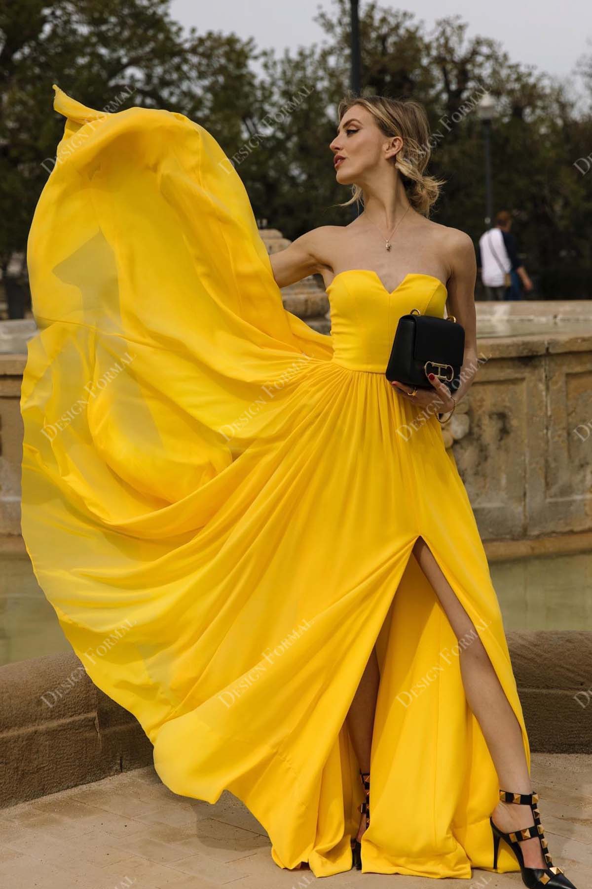 Trendy Yellow Velvet Strapless Corset Slit Evening Dress - Promfy