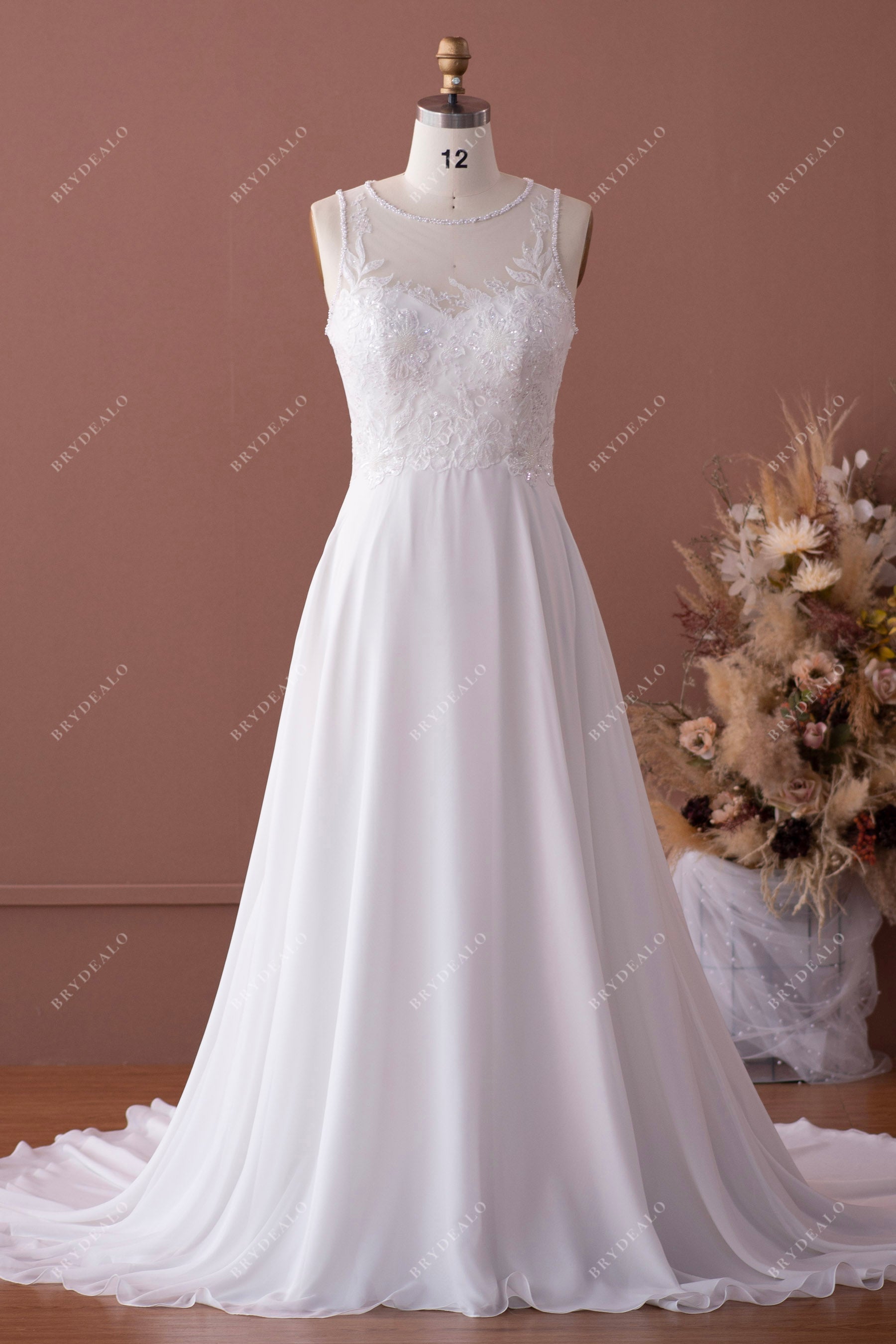 Gorgeous Lace Applique Wedding Dress Boat Neck Long Sleeve Chapel Trai –  Okdresses