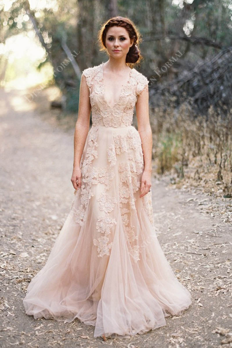 Dreamy Lace Tulle Plunging Neck Spring A-line Wedding Dress