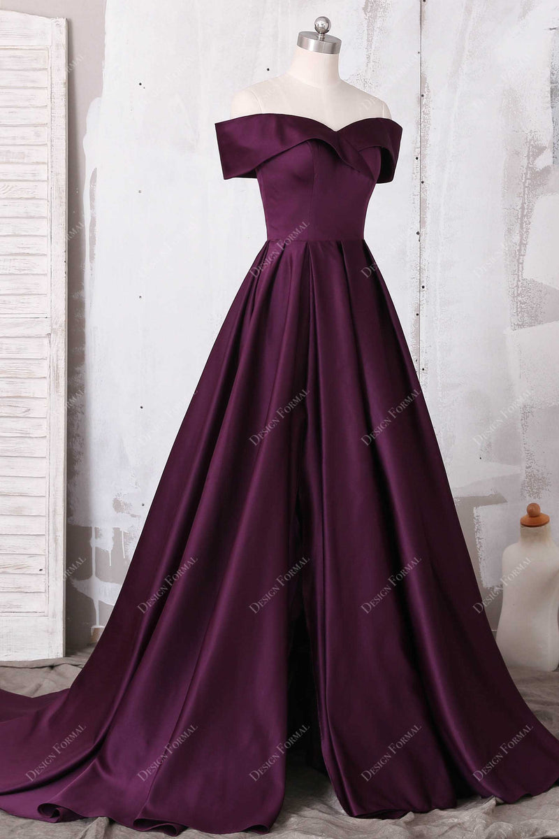 Grape Satin Off Shoulder Sweetheart Slit Prom Dress – DesignFormal