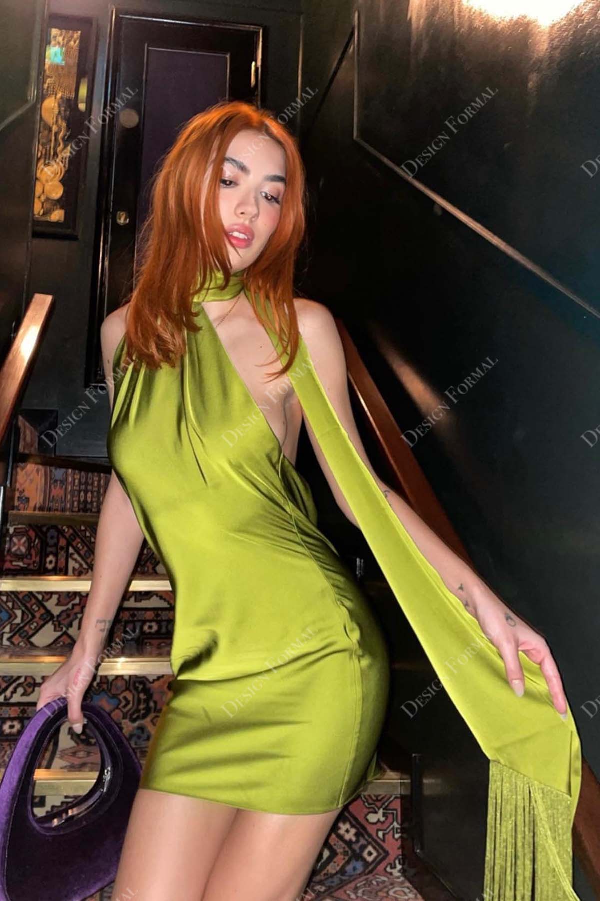 Green Satin Strapless Straight Neck Bow Pleated Custom Cocktail Dress