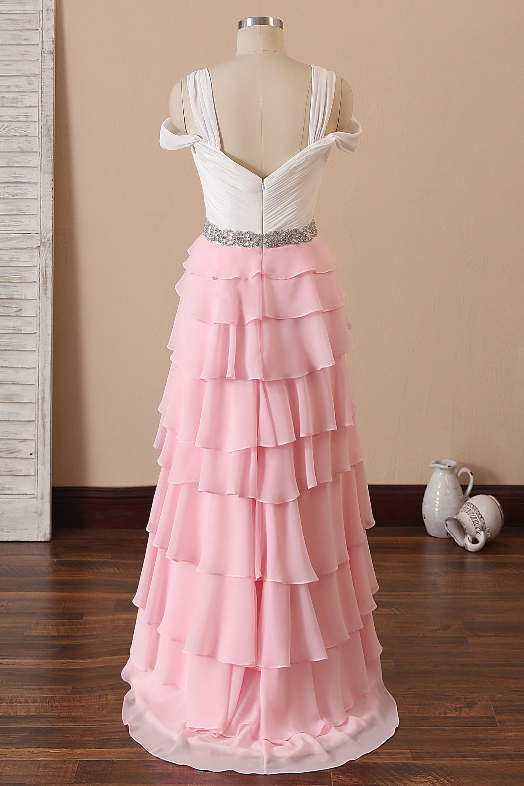 Peach Fairy Ruffled Sleeve Chiffon Plunging Formal Dress