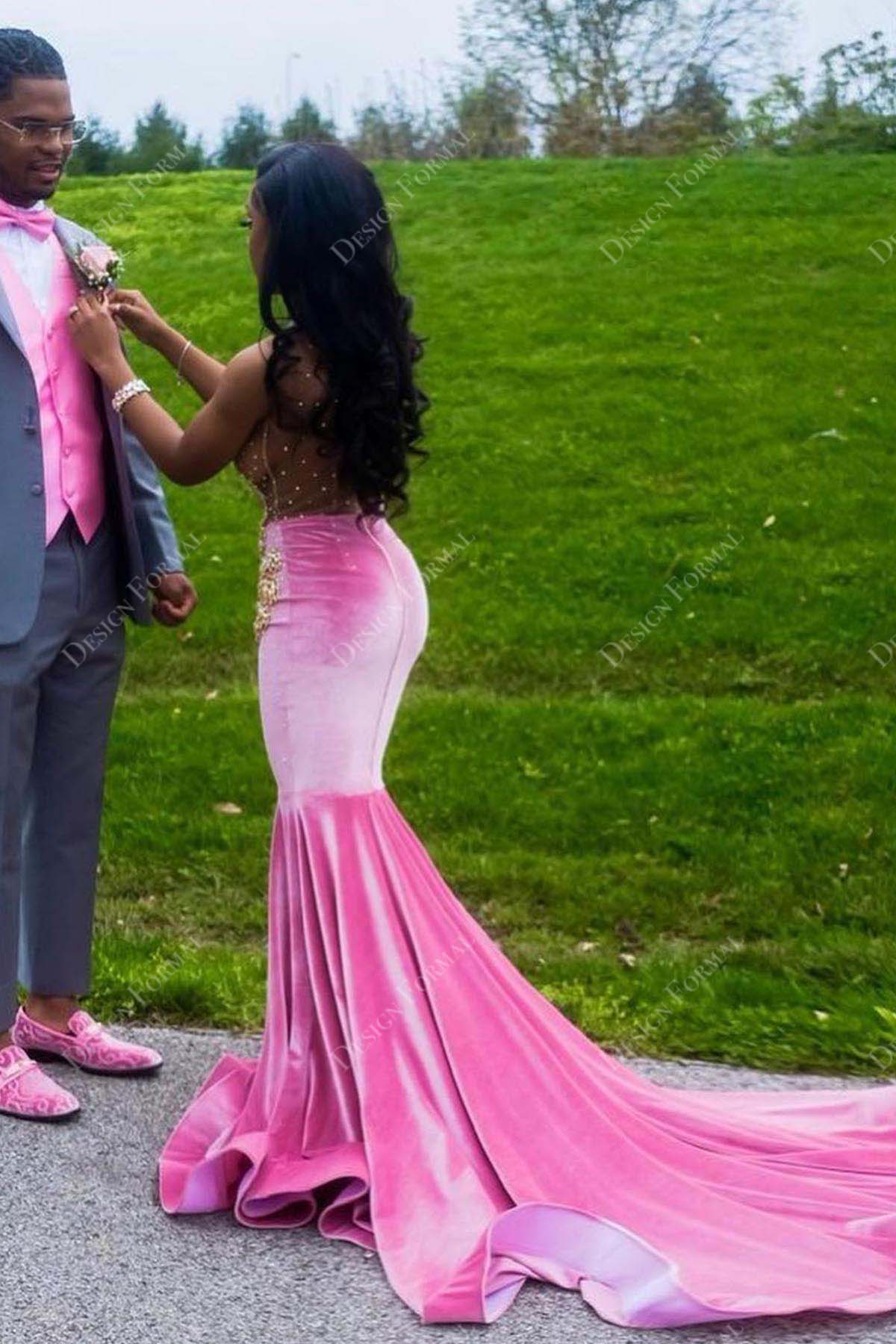 Crystals Illusion Pink Turkey Feather Trumpet Handmade Prom Dress