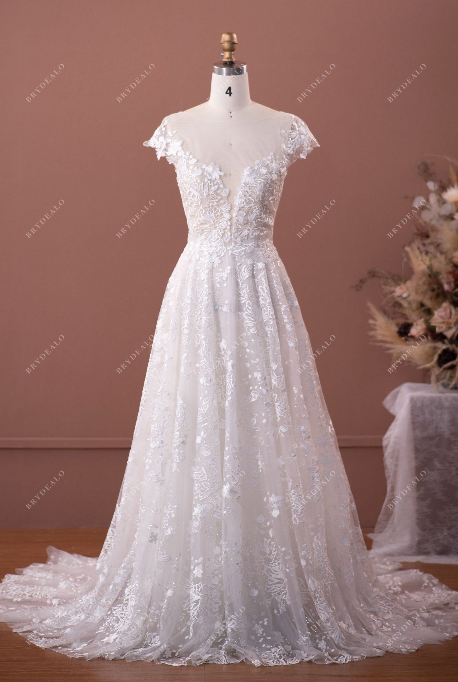 Designer Boho Sleeved Lace Oyster Wedding Dress with Nude Slip