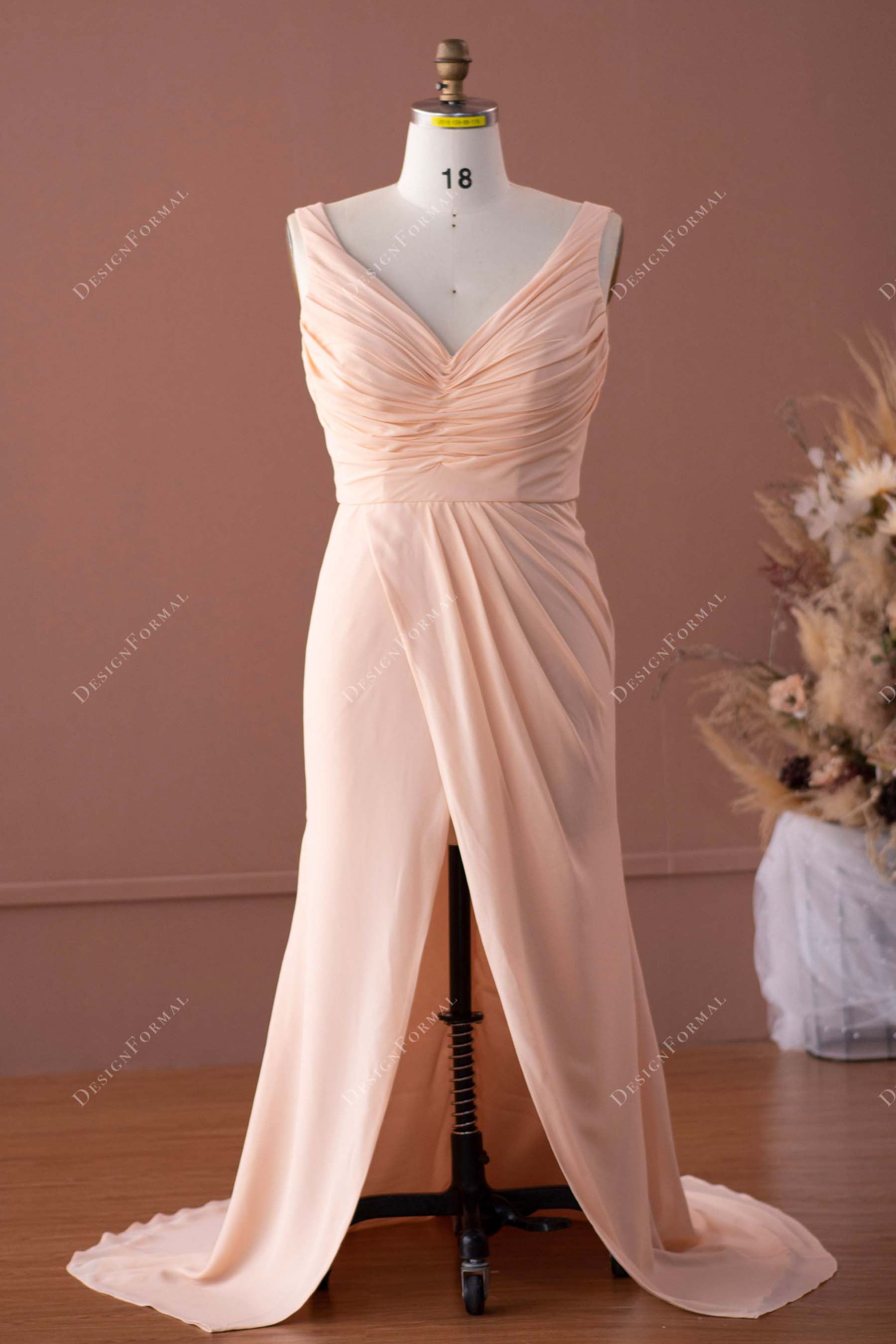 Peach Ruffled Sleeve Flowing Chiffon Formal Dress