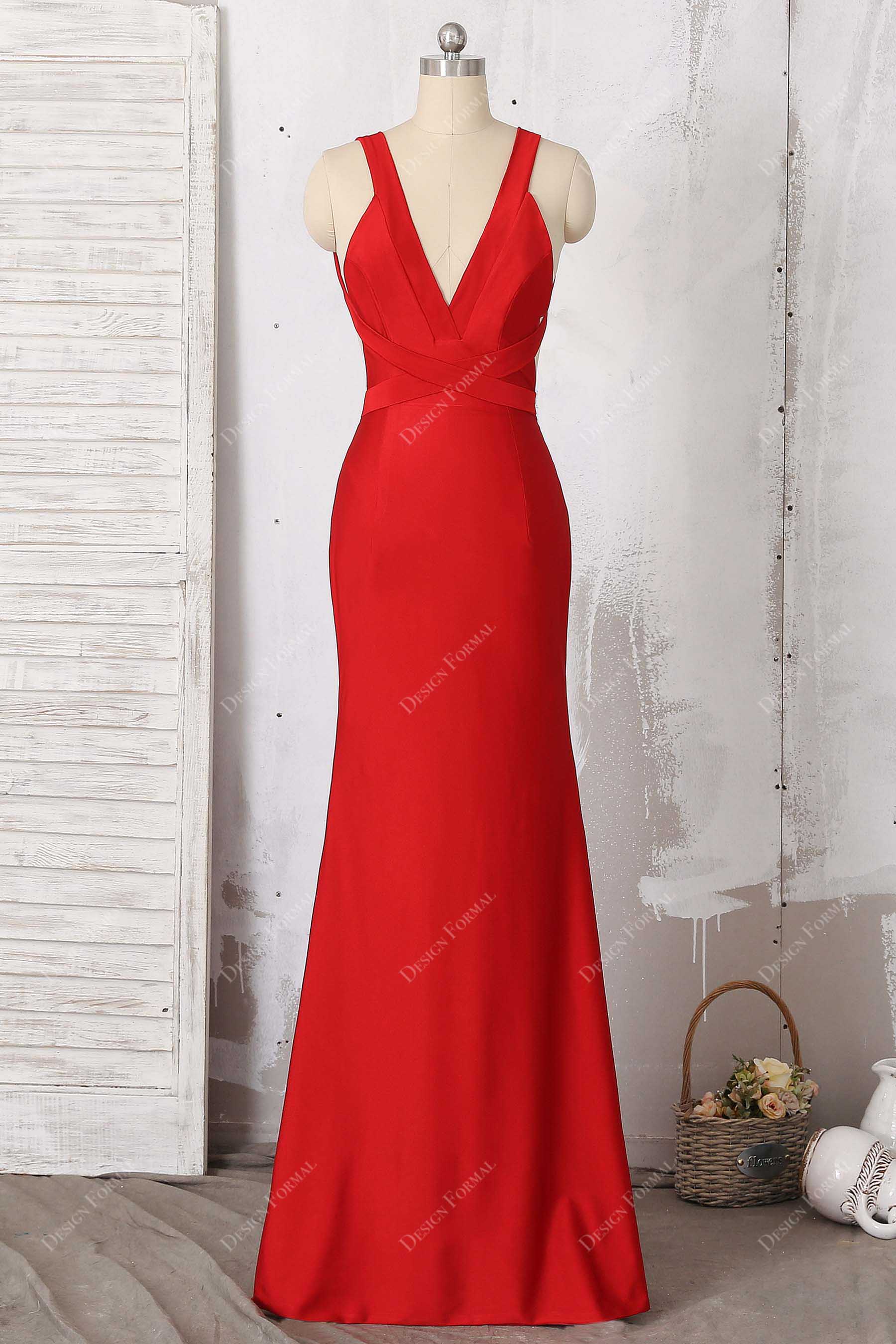 Plunge Red Jersey Gold Lace Cutout Back Dramatic Mermaid Prom Dress