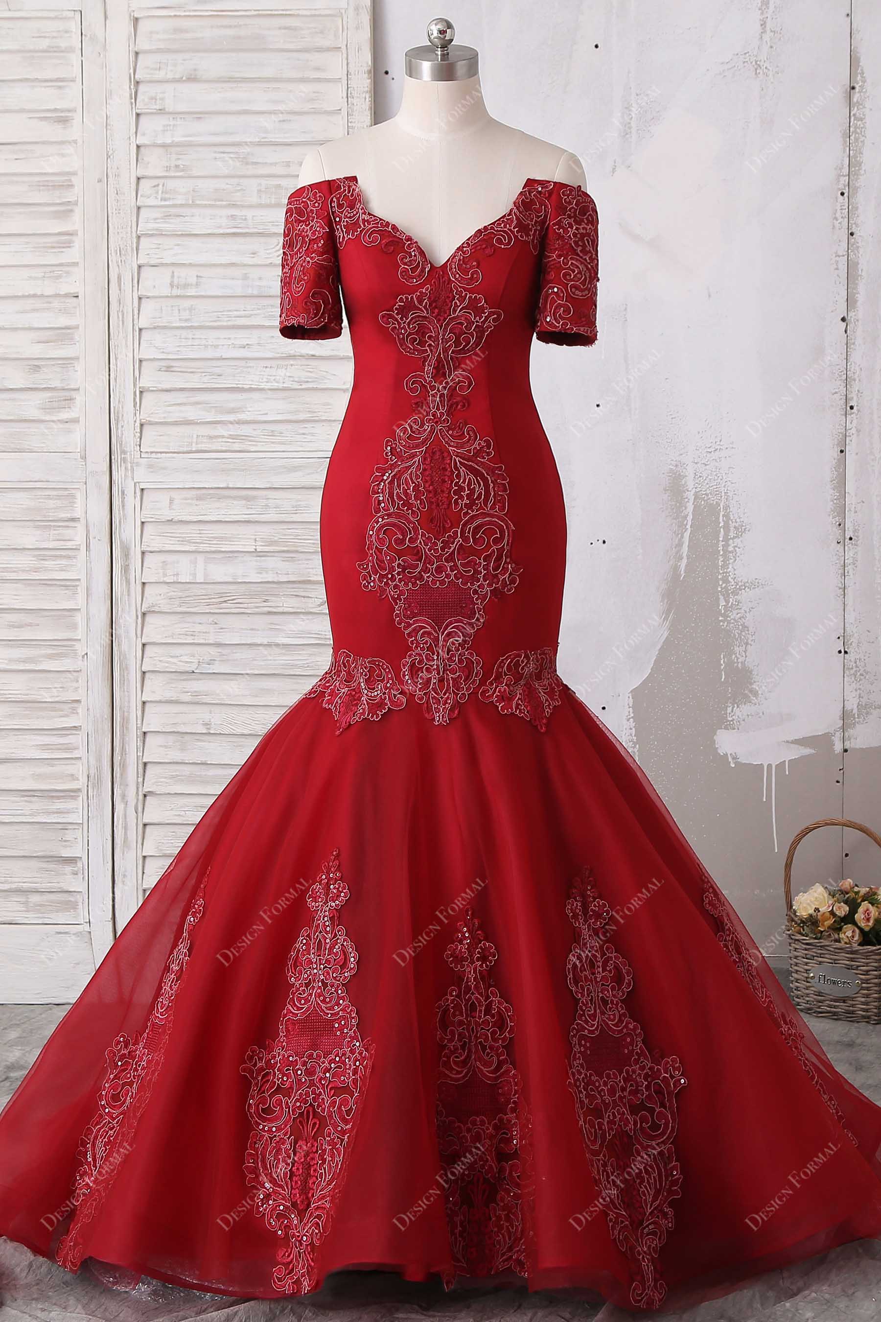 Dark Red Sequined Lace Off-the-shoulder Trumpet Prom Dress – DesignFormal