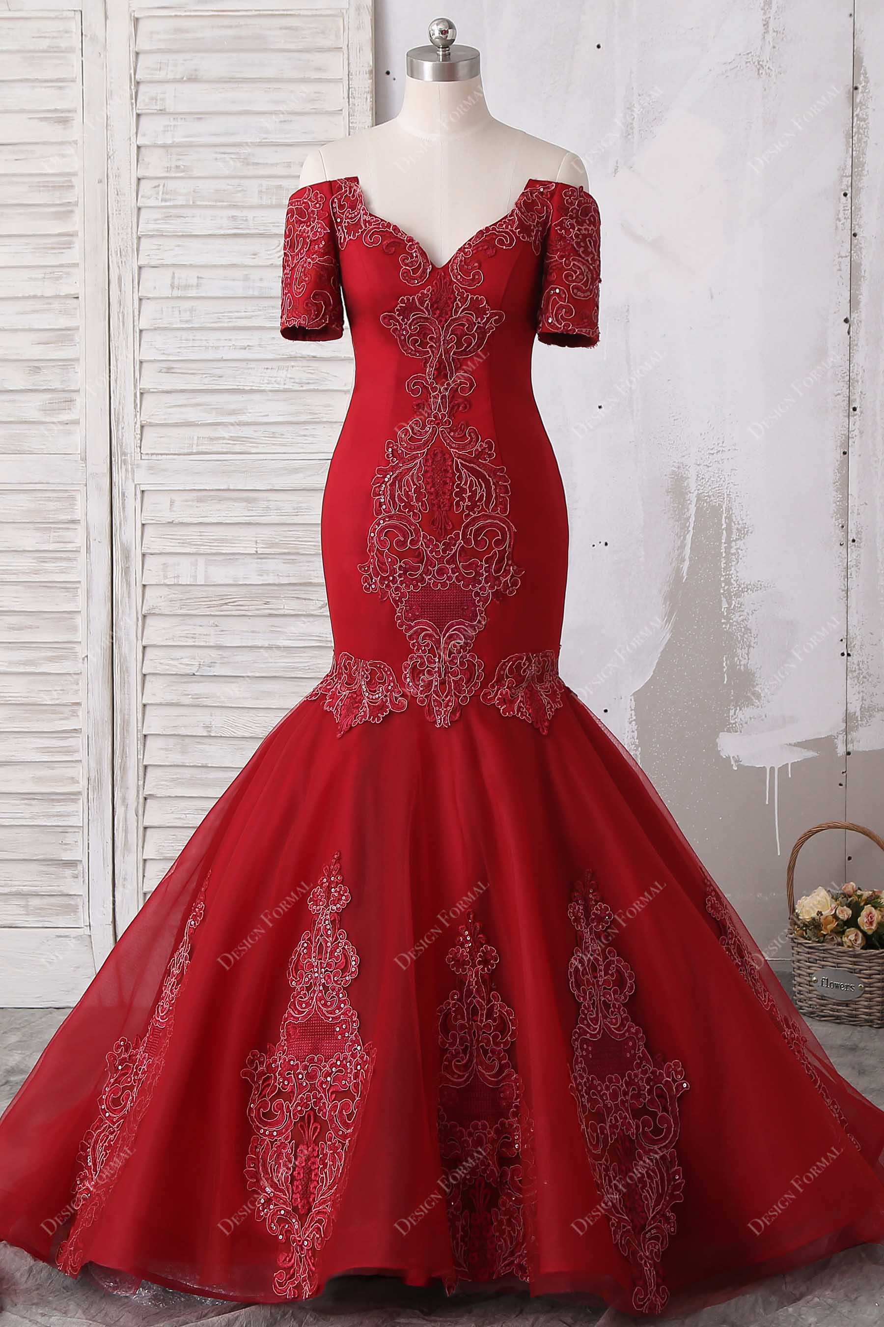 Fancy Dotted Red Tulle Beaded Straps & Belt Prom Dress - VQ