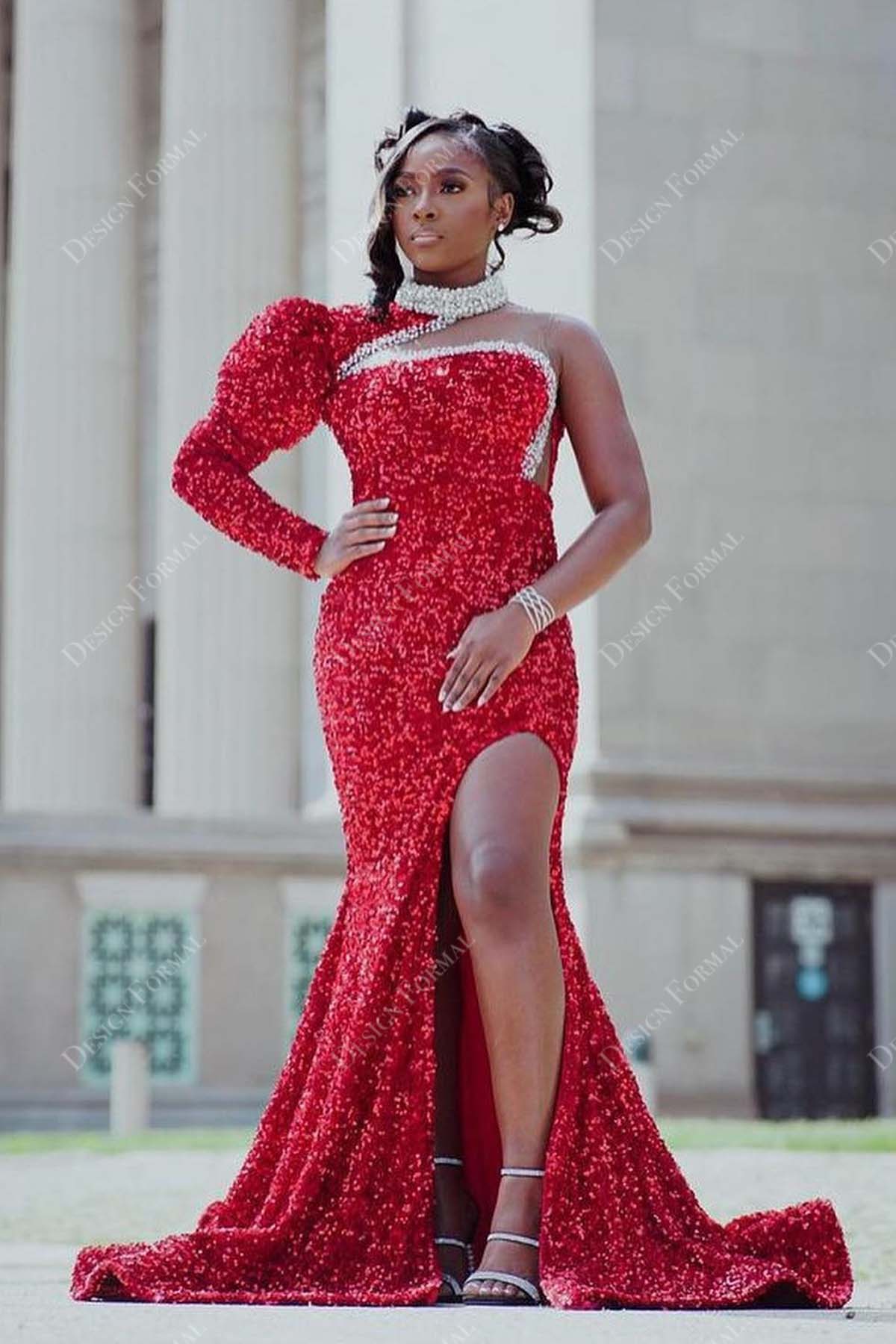 Red Sequin Strapless Sweetheart Custom Slit Mermaid Prom Dress