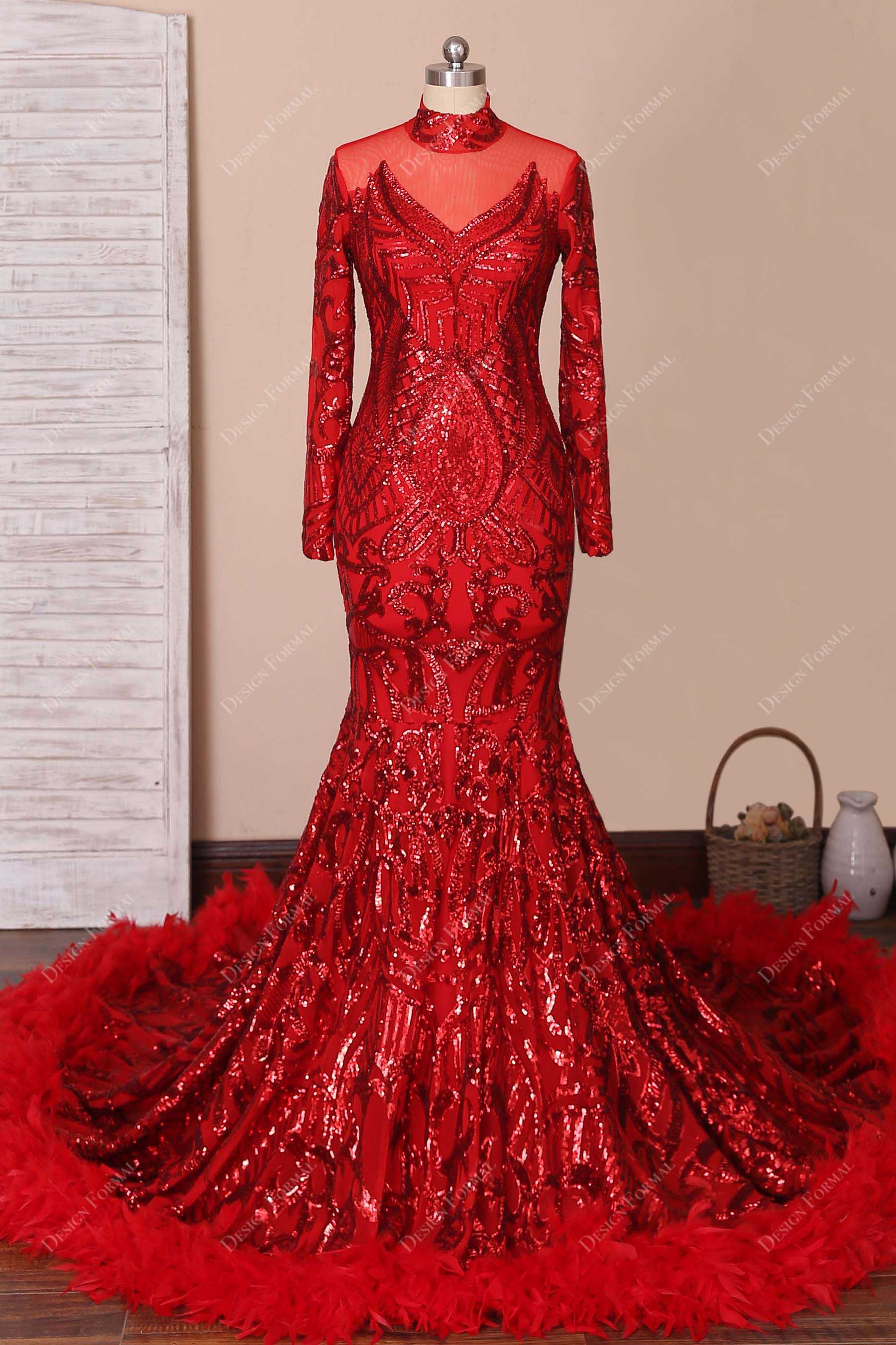 Luxury Red Long Embellished Mermaid Feather Prom Dress Formal Gown ⋆ Sultan  Dress