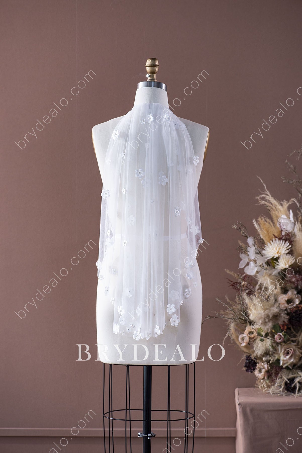 BrydealoFactory Pearls 3D Flowers Cathedral Length Bridal Veil