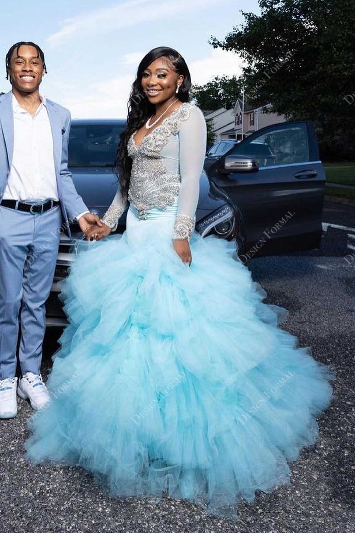 2023 Light Blue Tulle Ruffle Long Strapless Prom Dress – Sassymyprom