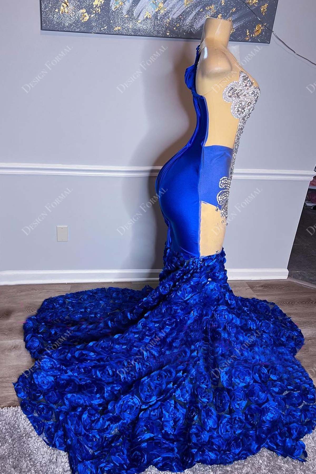 Rhinestones Embellished Sky Blue Tulle Handmade Trumpet Prom Dress