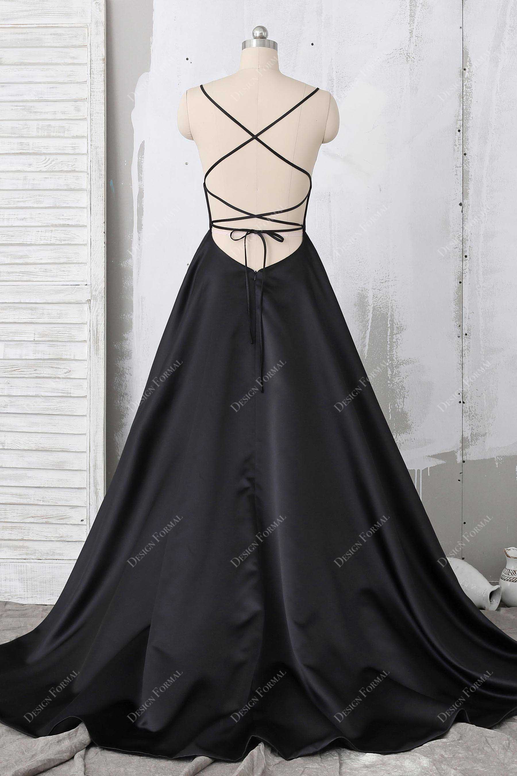 Black Satin Halter Bowknot Unique Tea Length Prom Bridesmaid Dress