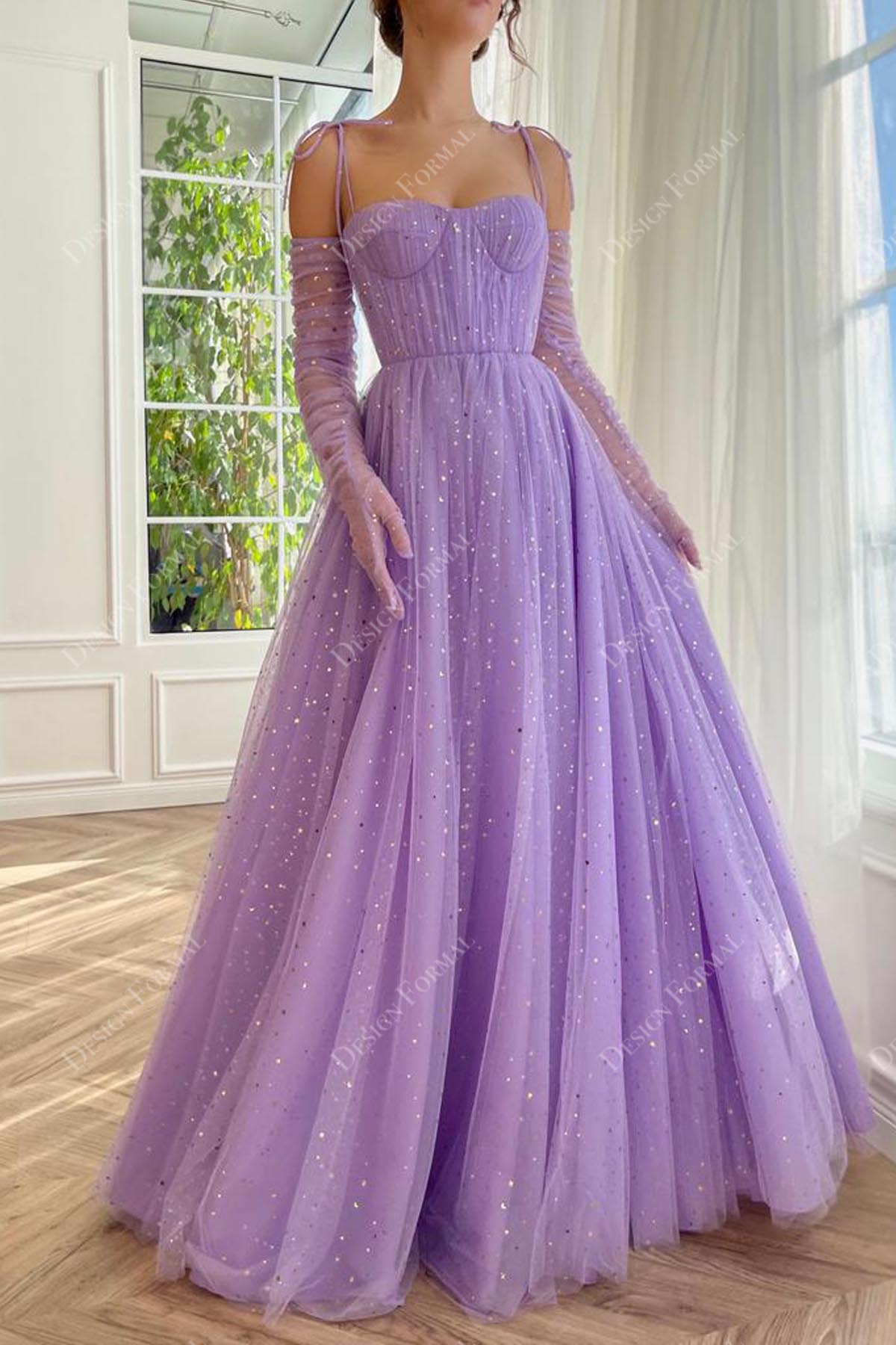 Sparkly Gold Stars Lilac Tulle Corset A-line Cape Formal Dress ...
