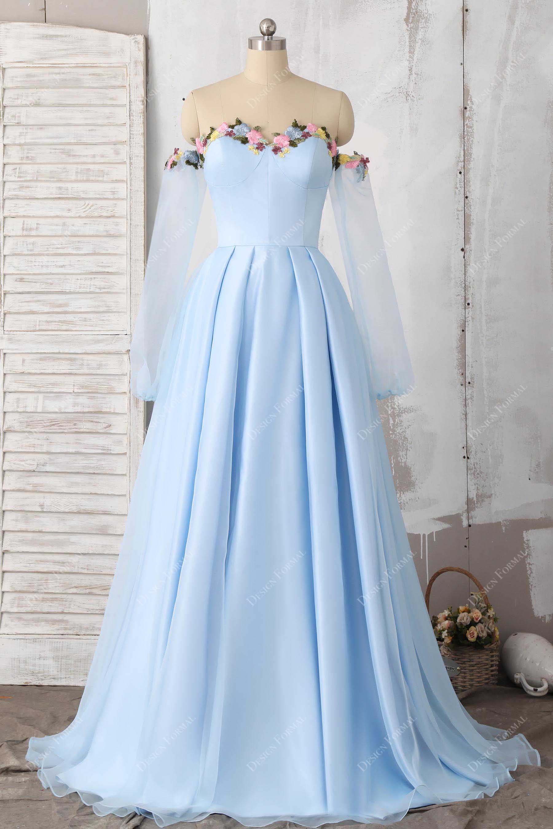 Sky Blue Ruffled Tulle Grey Beaded Strapless Crafted Prom Dress