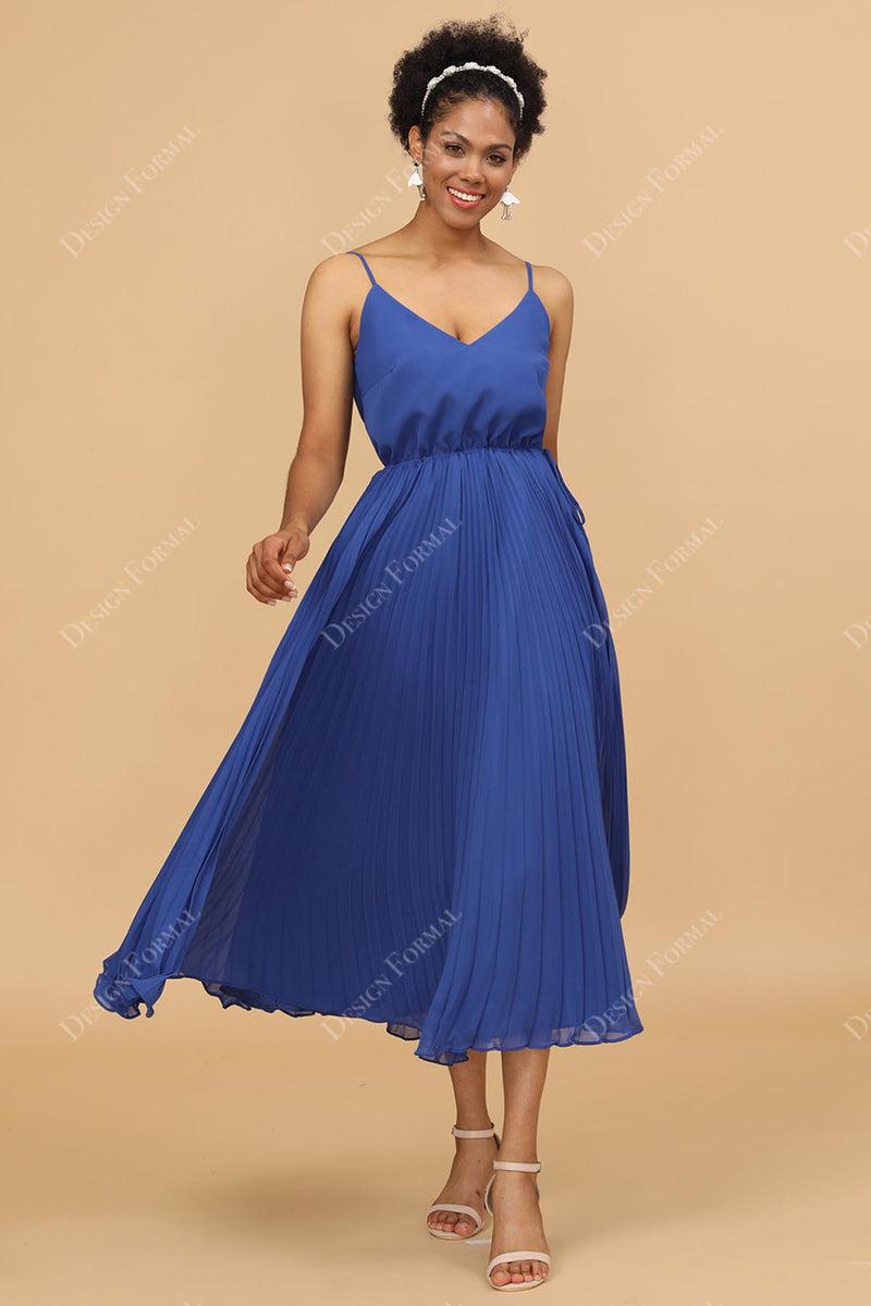 Pleated A Line Chiffon Tea Length Blue Custom Bridesmaid Homecoming Dress Designformal 9898