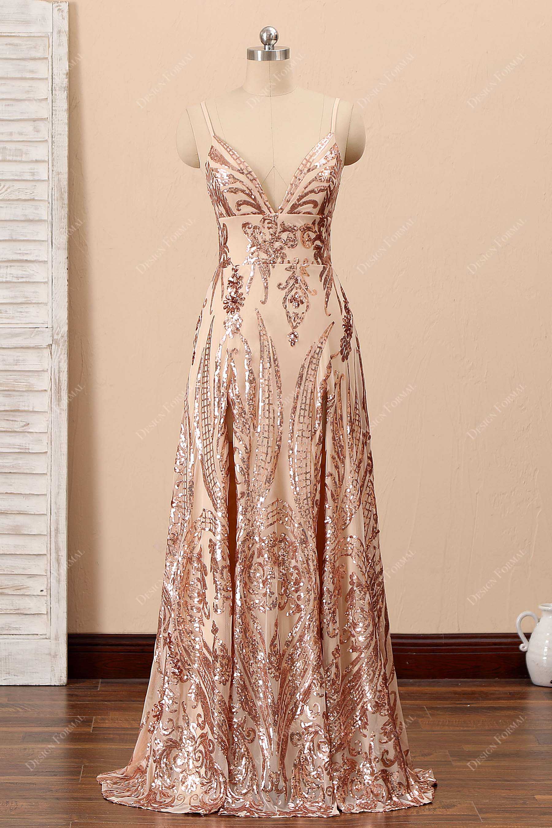 Champagne Sequin One Shoulder Cutout Slit Custom Prom Gown