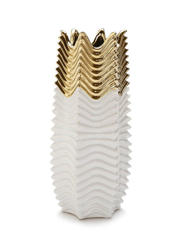 The Vessel Vase offers one of a kind sculptural shape with intricate patterns and is finished in white & gold making it beautiful and elegant. Its rich dimensional finish will add modern sophistication to your home décor display.