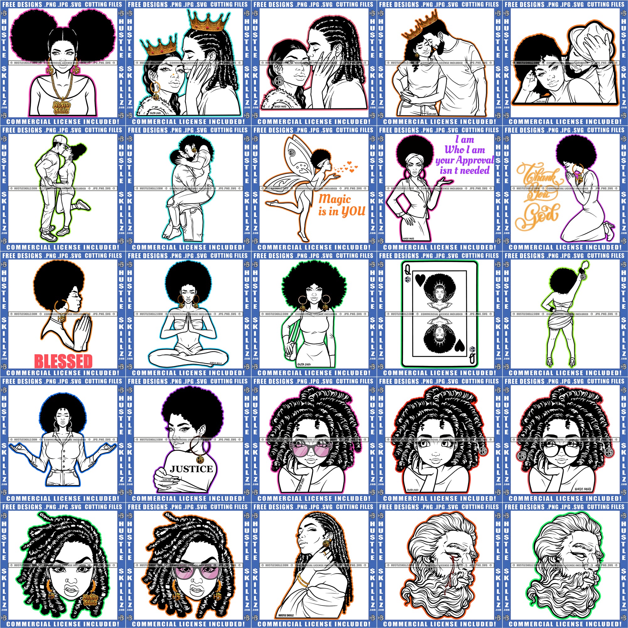 Bundle 25 Black and White Designs Melanin Woman Dreadlocks Afro Puff Couple Fairy Hustler Girl Hustle Skillz Designs For Commercial Use SVG PNG JPG Cut Cutting