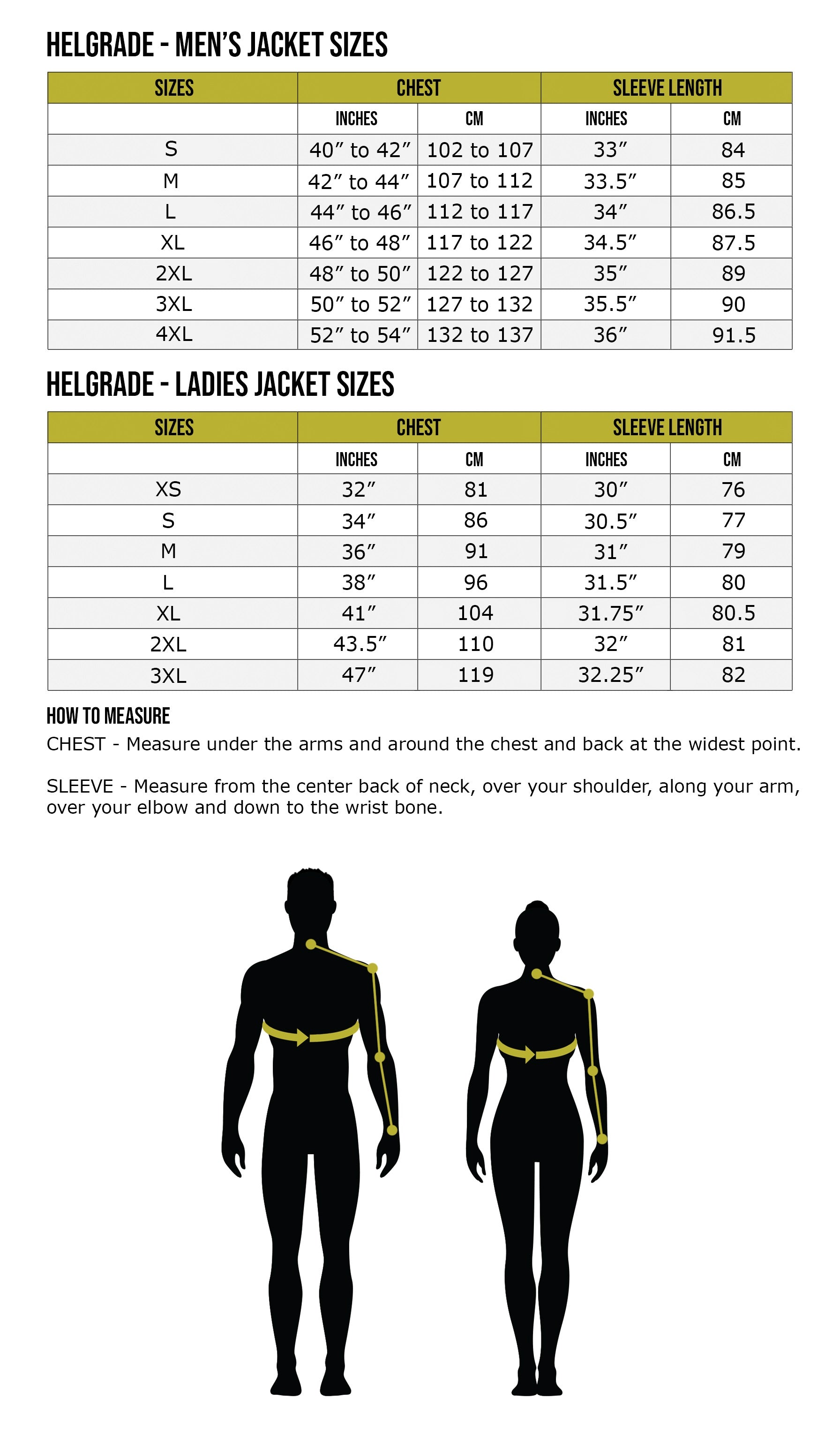 Jacket size charts