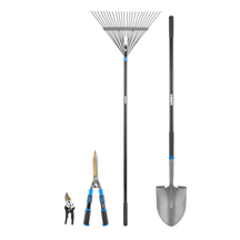 Garden Tool Starter Kit (Digging Shovel, Leaf Rake, Hedge Shears, 5/8" Bypass Hand Pruner)