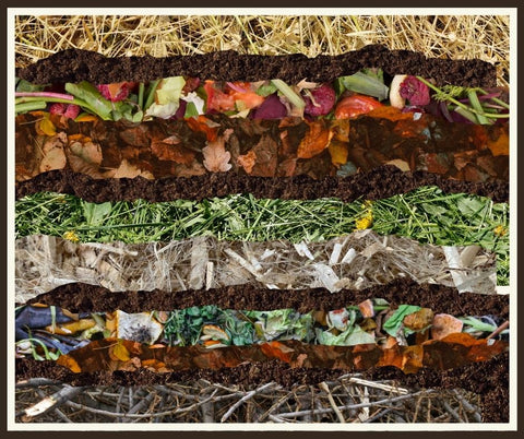 Layers of food scraps and yard waste for a layered compost bin