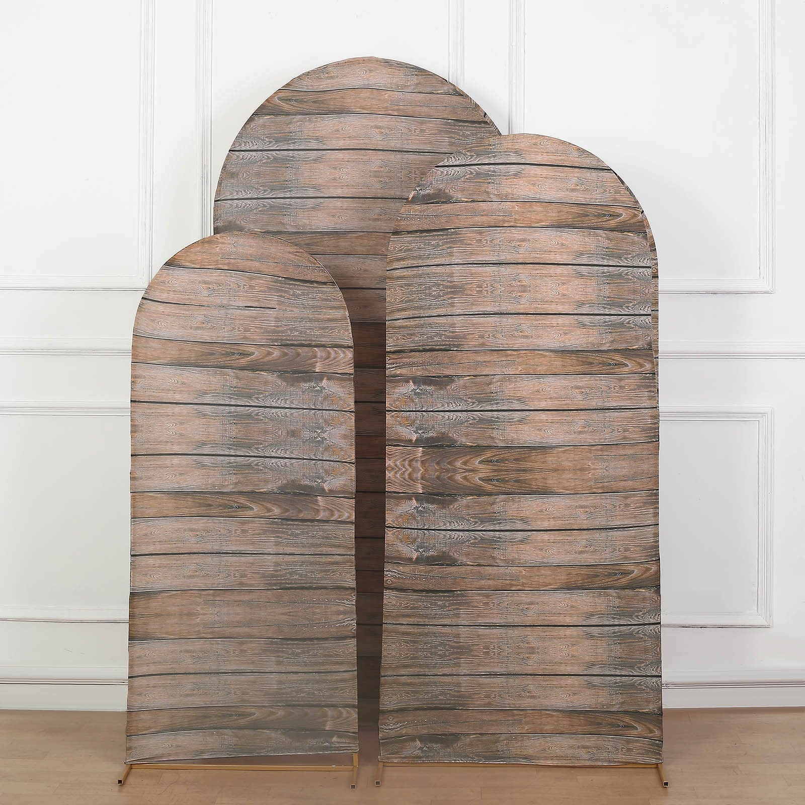 Set of 3 | Brown Rustic Wood Plank Pattern Spandex Fitted Wedding Arch Covers For Round Top Chiara Backdrop Stands - 5ft, 6ft, 7ft